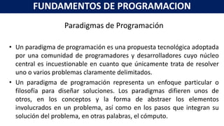 Paradigmas de Programación
• Un paradigma de programación es una propuesta tecnológica adoptada
por una comunidad de programadores y desarrolladores cuyo núcleo
central es incuestionable en cuanto que únicamente trata de resolver
uno o varios problemas claramente delimitados.
• Un paradigma de programación representa un enfoque particular o
filosofía para diseñar soluciones. Los paradigmas difieren unos de
otros, en los conceptos y la forma de abstraer los elementos
involucrados en un problema, así como en los pasos que integran su
solución del problema, en otras palabras, el cómputo.
FUNDAMENTOS DE PROGRAMACION
 