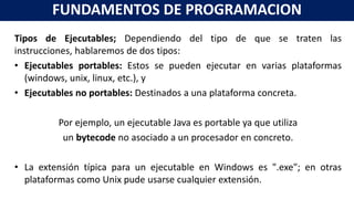 Tipos de Ejecutables; Dependiendo del tipo de que se traten las
instrucciones, hablaremos de dos tipos:
• Ejecutables portables: Estos se pueden ejecutar en varias plataformas
(windows, unix, linux, etc.), y
• Ejecutables no portables: Destinados a una plataforma concreta.
Por ejemplo, un ejecutable Java es portable ya que utiliza
un bytecode no asociado a un procesador en concreto.
• La extensión típica para un ejecutable en Windows es ".exe"; en otras
plataformas como Unix pude usarse cualquier extensión.
FUNDAMENTOS DE PROGRAMACION
 