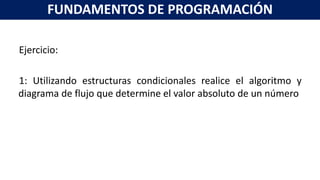 Ejercicio:
1: Utilizando estructuras condicionales realice el algoritmo y
diagrama de flujo que determine el valor absoluto de un número
FUNDAMENTOS DE PROGRAMACIÓN
 