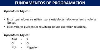 Operadores Lógicos:
• Estos operadores se utilizan para establecer relaciones entre valores
lógicos.
• Estos valores pueden ser resultado de una expresión relacional.
Operadores Lógicos
And - Y
Or - O
Not - Negación
FUNDAMENTOS DE PROGRAMACIÓN
 