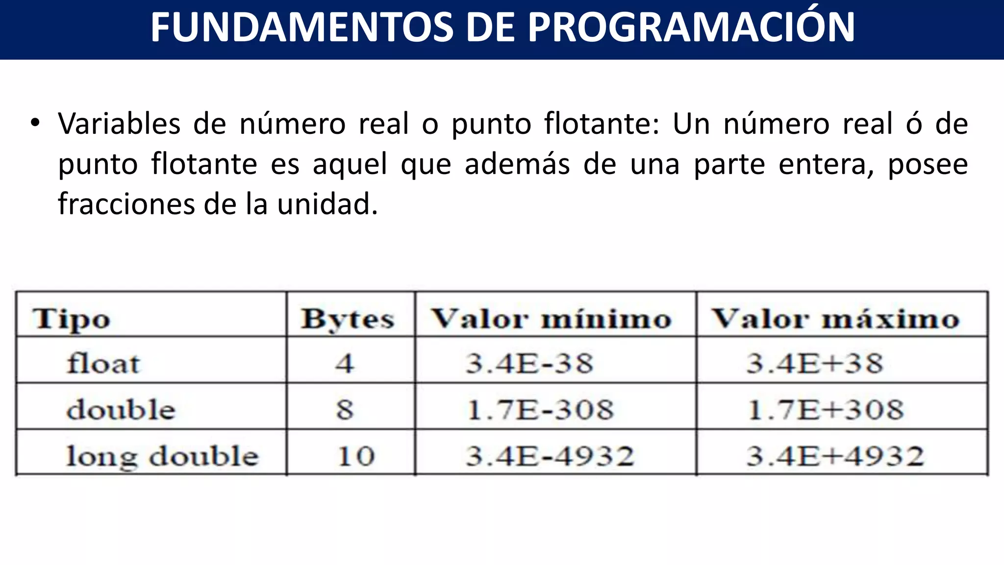 • Variables de número real o punto flotante: Un número real ó de
punto flotante es aquel que además de una parte entera, posee
fracciones de la unidad.
FUNDAMENTOS DE PROGRAMACIÓN
 