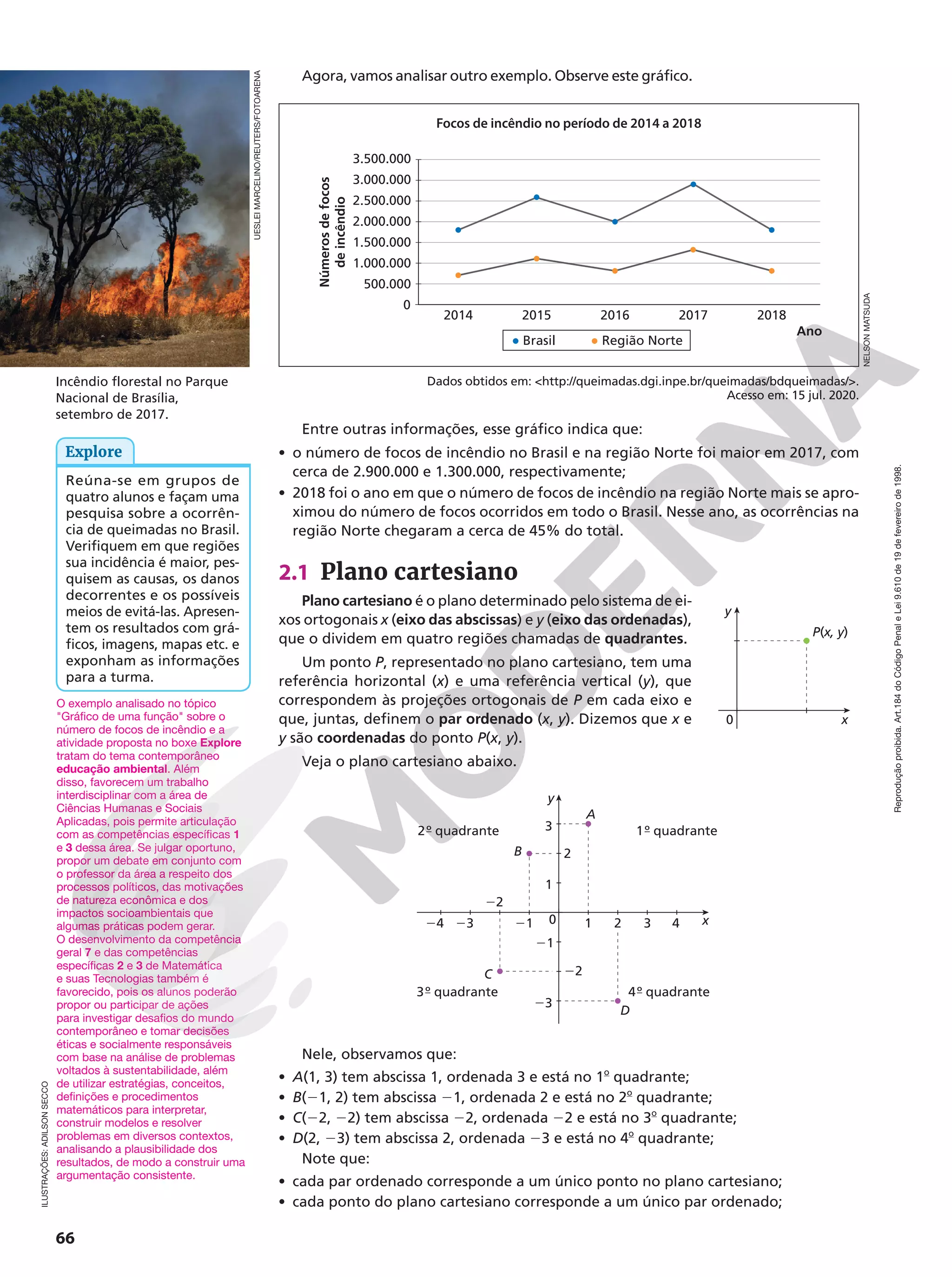 Reprodução
proibida.
Art.184
do
Código
Penal
e
Lei
9.610
de
19
de
fevereiro
de
1998.
66
Agora, vamos analisar outro exemplo. Observe este gráfico.
Reúna-se em grupos de
quatro alunos e façam uma
pesquisa sobre a ocorrên-
cia de queimadas no Brasil.
Verifiquem em que regiões
sua incidência é maior, pes-
quisem as causas, os danos
decorrentes e os possíveis
meios de evitá-las. Apresen-
tem os resultados com grá-
ficos, imagens, mapas etc. e
exponham as informações
para a turma.
Explore
Entre outras informações, esse gráfico indica que:
• o número de focos de incêndio no Brasil e na região Norte foi maior em 2017, com
cerca de 2.900.000 e 1.300.000, respectivamente;
• 2018 foi o ano em que o número de focos de incêndio na região Norte mais se apro-
ximou do número de focos ocorridos em todo o Brasil. Nesse ano, as ocorrências na
região Norte chegaram a cerca de 45% do total.
2.1 Plano cartesiano
Plano cartesiano é o plano determinado pelo sistema de ei-
xos ortogonais x (eixo das abscissas) e y (eixo das ordenadas),
que o dividem em quatro regiões chamadas de quadrantes.
Um ponto P, representado no plano cartesiano, tem uma
referência horizontal (x) e uma referência vertical (y), que
correspondem às projeções ortogonais de P em cada eixo e
que, juntas, definem o par ordenado (x, y). Dizemos que x e
y são coordenadas do ponto P(x, y).
Veja o plano cartesiano abaixo.
y
x
3
2
1
0
21
22
23
23
24 21
22
1 2 3 4
A
B
C
D
2º quadrante
3º quadrante
1º quadrante
4º quadrante
Nele, observamos que:
• A(1, 3) tem abscissa 1, ordenada 3 e está no 1o
quadrante;
• B(21, 2) tem abscissa 21, ordenada 2 e está no 2o
quadrante;
• C(22, 22) tem abscissa 22, ordenada 22 e está no 3o
quadrante;
• D(2, 23) tem abscissa 2, ordenada 23 e está no 4o
quadrante;
Note que:
• cada par ordenado corresponde a um único ponto no plano cartesiano;
• cada ponto do plano cartesiano corresponde a um único par ordenado;
ILUSTRAÇÕES:
ADILSON
SECCO
Dados obtidos em: http://queimadas.dgi.inpe.br/queimadas/bdqueimadas/.
Acesso em: 15 jul. 2020.
Focos de incêndio no período de 2014 a 2018
x
y
P(x, y)
0
Incêndio florestal no Parque
Nacional de Brasília,
setembro de 2017.
NELSON
MATSUDA
Números
de
focos
de
incêndio
3.500.000
3.000.000
2.500.000
2.000.000
1.500.000
1.000.000
500.000
0
2014 2015 2016 2017 2018
Ano
Brasil Região Norte
UESLEI
MARCELINO/REUTERS/FOTOARENA
O exemplo analisado no tópico
Gráfico de uma função sobre o
número de focos de incêndio e a
atividade proposta no boxe Explore
tratam do tema contemporâneo
educação ambiental. Além
disso, favorecem um trabalho
interdisciplinar com a área de
Ciências Humanas e Sociais
Aplicadas, pois permite articulação
com as competências específicas 1
e 3 dessa área. Se julgar oportuno,
propor um debate em conjunto com
o professor da área a respeito dos
processos políticos, das motivações
de natureza econômica e dos
impactos socioambientais que
algumas práticas podem gerar.
O desenvolvimento da competência
geral 7 e das competências
específicas 2 e 3 de Matemática
e suas Tecnologias também é
favorecido, pois os alunos poderão
propor ou participar de ações
para investigar desafios do mundo
contemporâneo e tomar decisões
éticas e socialmente responsáveis
com base na análise de problemas
voltados à sustentabilidade, além
de utilizar estratégias, conceitos,
definições e procedimentos
matemáticos para interpretar,
construir modelos e resolver
problemas em diversos contextos,
analisando a plausibilidade dos
resultados, de modo a construir uma
argumentação consistente.
 