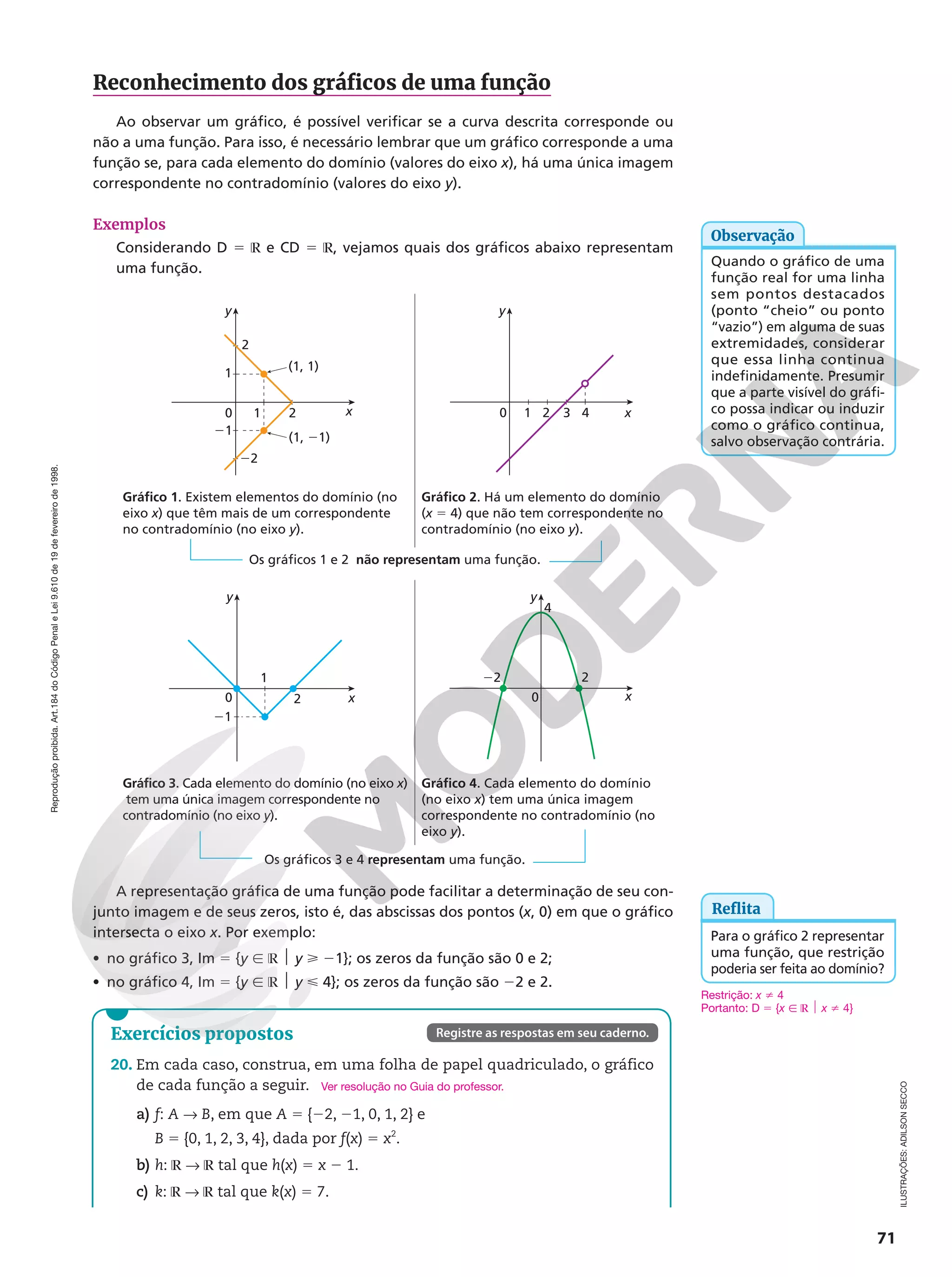 Reprodução
proibida.
Art.184
do
Código
Penal
e
Lei
9.610
de
19
de
fevereiro
de
1998.
71
Reconhecimento dos gráficos de uma função
Ao observar um gráfico, é possível verificar se a curva descrita corresponde ou
não a uma função. Para isso, é necessário lembrar que um gráfico corresponde a uma
função se, para cada elemento do domínio (valores do eixo x), há uma única imagem
correspondente no contradomínio (valores do eixo y).
Exemplos
Considerando D 5 ℝ e CD 5 ℝ, vejamos quais dos gráficos abaixo representam
uma função.
x
1 2
21
22
2
1
(1, 1)
(1, 21)
0
y
x
1 3
2 4
0
y
Gráfico 1. Existem elementos do domínio (no
eixo x) que têm mais de um correspondente
no contradomínio (no eixo y).
Gráfico 2. Há um elemento do domínio
(x 5 4) que não tem correspondente no
contradomínio (no eixo y).
Os gráficos 1 e 2 não representam uma função.
x
1
2
21
0
y
x
y
2
22
4
0
Gráfico 3. Cada elemento do domínio (no eixo x)
tem uma única imagem correspondente no
contradomínio (no eixo y).
Gráfico 4. Cada elemento do domínio
(no eixo x) tem uma única imagem
correspondente no contradomínio (no
eixo y).
Os gráficos 3 e 4 representam uma função.
A representação gráfica de uma função pode facilitar a determinação de seu con-
junto imagem e de seus zeros, isto é, das abscissas dos pontos (x, 0) em que o gráfico
intersecta o eixo x. Por exemplo:
• no gráfico 3, Im 5 {y Ñ ℝ $ y  21}; os zeros da função são 0 e 2;
• no gráfico 4, Im 5 {y Ñ ℝ $ y  4}; os zeros da função são 22 e 2.
Exercícios propostos
20. Em cada caso, construa, em uma folha de papel quadriculado, o gráfico
de cada função a seguir.
a) f: A  B, em que A 5 {22, 21, 0, 1, 2} e
B 5 {0, 1, 2, 3, 4}, dada por f(x) 5 x2
.
b) h: ℝ  ℝ tal que h(x) 5 x 2 1.
c) k: ℝ  ℝ tal que k(x) 5 7.
Ver resolução no Guia do professor.
Registre as respostas em seu caderno.
Quando o gráfico de uma
função real for uma linha
sem pontos destacados
(ponto “cheio” ou ponto
“vazio”) em alguma de suas
extremidades, considerar
que essa linha continua
indefinidamente. Presumir
que a parte visível do gráfi-
co possa indicar ou induzir
como o gráfico continua,
salvo observação contrária.
Observação
Reflita
Para o gráfico 2 representar
uma função, que restrição
poderia ser feita ao domínio?
ILUSTRAÇÕES:
ADILSON
SECCO
Restrição: x i 4
Portanto: D 5 {x Ñ ℝ $ x i 4}
 