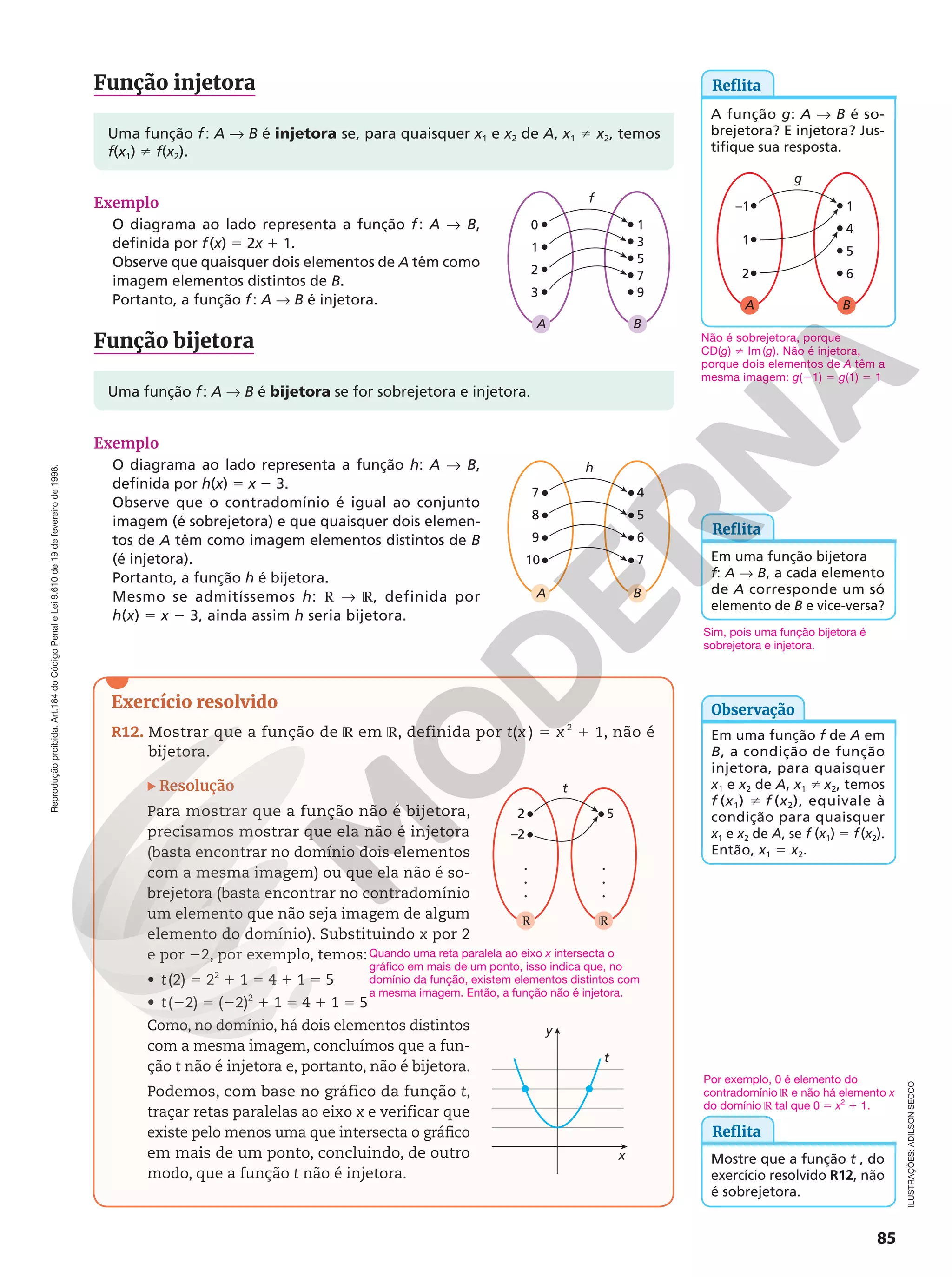 Reprodução
proibida.
Art.184
do
Código
Penal
e
Lei
9.610
de
19
de
fevereiro
de
1998.
85
Exercício resolvido
R12. Mostrar que a função de ℝ em ℝ, definida por t(x ) 5 x 2
1 1, não é
bijetora.
ILUSTRAÇÕES:
ADILSON
SECCO
Exemplo
O diagrama ao lado representa a função f: A  B,
definida por f(x) 5 2x 1 1.
Observe que quaisquer dois elementos de A têm como
imagem elementos distintos de B.
Portanto, a função f: A  B é injetora.
Exemplo
O diagrama ao lado representa a função h: A  B,
definida por h(x) 5 x 2 3.
Observe que o contradomínio é igual ao conjunto
imagem (é sobrejetora) e que quaisquer dois elemen-
tos de A têm como imagem elementos distintos de B
(é injetora).
Portanto, a função h é bijetora.
Mesmo se admitíssemos h: ℝ  ℝ, definida por
h(x) 5 x 2 3, ainda assim h seria bijetora.
f
B
A
9
7
3
1
0
2
3
1
5
h
B
A
7
6
5
4
7
9
10
8
Função bijetora
Função injetora
x
y
t
t
R
R
5
2
–2
Resolução
Para mostrar que a função não é bijetora,
precisamos mostrar que ela não é injetora
(basta encontrar no domínio dois elementos
com a mesma imagem) ou que ela não é so-
brejetora (basta encontrar no contradomínio
um elemento que não seja imagem de algum
elemento do domínio). Substituindo x por 2
e por 22, por exemplo, temos:
• t(2) 5 22
1 1 5 4 1 1 5 5
• t(22) 5 (22)2
1 1 5 4 1 1 5 5
Como, no domínio, há dois elementos distintos
com a mesma imagem, concluímos que a fun-
ção t não é injetora e, portanto, não é bijetora.
Podemos, com base no gráfico da função t,
traçar retas paralelas ao eixo x e verificar que
existe pelo menos uma que intersecta o gráfico
em mais de um ponto, concluindo, de outro
modo, que a função t não é injetora.
Sim, pois uma função bijetora é
sobrejetora e injetora.
g
B
A
6
5
4
1
–1
1
2
Reflita
A função g: A  B é so-
brejetora? E injetora? Jus-
tifique sua resposta.
Reflita
Em uma função bijetora
f: A  B, a cada elemento
de A corresponde um só
elemento de B e vice-versa?
Em uma função f de A em
B, a condição de função
injetora, para quaisquer
x1 e x2 de A, x1 i x2, temos
f (x1) i f (x2), equivale à
condição para quaisquer
x1 e x2 de A, se f (x1) = f(x2).
Então, x1 5 x2.
Observação
Reflita
Mostre que a função t , do
exercício resolvido R12, não
é sobrejetora.
Uma função f: A  B é injetora se, para quaisquer x1 e x2 de A, x1 i x2, temos
f(x1) i f(x2).
Uma função f: A  B é bijetora se for sobrejetora e injetora.
Não é sobrejetora, porque
CD(g) i Im (g). Não é injetora,
porque dois elementos de A têm a
mesma imagem: g(21) 5 g(1) 5 1
Por exemplo, 0 é elemento do
contradomínio ℝ e não há elemento x
do domínio ℝ tal que 0 5 x2
1 1.
Quando uma reta paralela ao eixo x intersecta o
gráfico em mais de um ponto, isso indica que, no
domínio da função, existem elementos distintos com
a mesma imagem. Então, a função não é injetora.
 