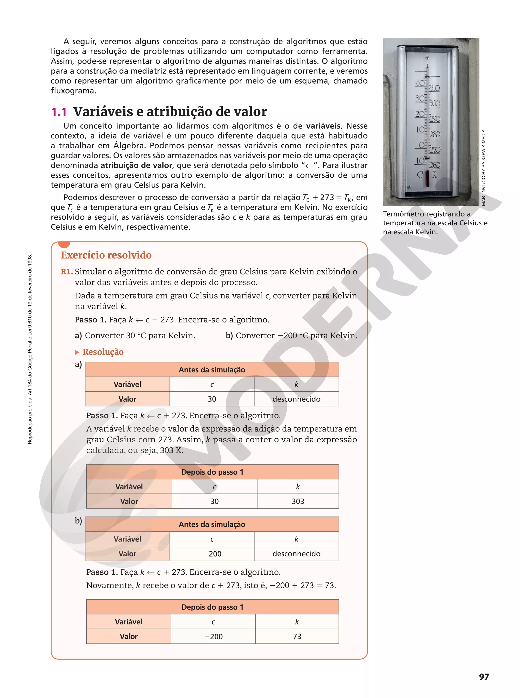 Reprodução
proibida.
Art.184
do
Código
Penal
e
Lei
9.610
de
19
de
fevereiro
de
1998.
97
A seguir, veremos alguns conceitos para a construção de algoritmos que estão
ligados à resolução de problemas utilizando um computador como ferramenta.
Assim, pode-se representar o algoritmo de algumas maneiras distintas. O algoritmo
para a construção da mediatriz está representado em linguagem corrente, e veremos
como representar um algoritmo graficamente por meio de um esquema, chamado
fluxograma.
1.1 Variáveis e atribuição de valor
Um conceito importante ao lidarmos com algoritmos é o de variáveis. Nesse
contexto, a ideia de variável é um pouco diferente daquela que está habituado
a trabalhar em Álgebra. Podemos pensar nessas variáveis como recipientes para
guardar valores. Os valores são armazenados nas variáveis por meio de uma operação
denominada atribuição de valor, que será denotada pelo símbolo “!”. Para ilustrar
esses conceitos, apresentamos outro exemplo de algoritmo: a conversão de uma
temperatura em grau Celsius para Kelvin.
Podemos descrever o processo de conversão a partir da relaçãoT T
273
C K
1 5 , em
que C
T é a temperatura em grau Celsius e K
T é a temperatura em Kelvin. No exercício
resolvido a seguir, as variáveis consideradas são c e k para as temperaturas em grau
Celsius e em Kelvin, respectivamente.
Exercício resolvido
R1. Simular o algoritmo de conversão de grau Celsius para Kelvin exibindo o
valor das variáveis antes e depois do processo.
Dada a temperatura em grau Celsius na variável c, converter para Kelvin
na variável k.
Passo 1. Faça k ! c 1 273. Encerra-se o algoritmo.
a) Converter 30 °C para Kelvin. b) Converter 2200 °C para Kelvin.
Resolução
a)
Antes da simulação
Variável c k
Valor 30 desconhecido
Passo 1. Faça k ! c 1 273. Encerra-se o algoritmo.
A variável k recebe o valor da expressão da adição da temperatura em
grau Celsius com 273. Assim, k passa a conter o valor da expressão
calculada, ou seja, 303 K.
Depois do passo 1
Variável c k
Valor 30 303
b) Antes da simulação
Variável c k
Valor 2200 desconhecido
Passo 1. Faça k ! c 1 273. Encerra-se o algoritmo.
Novamente, k recebe o valor de c 1 273, isto é, 2200 1 273 5 73.
Depois do passo 1
Variável c k
Valor 2200 73
MARTINVL/CC
BY-SA
3.0/WIKIMEDIA
Termômetro registrando a
temperatura na escala Celsius e
na escala Kelvin.
 