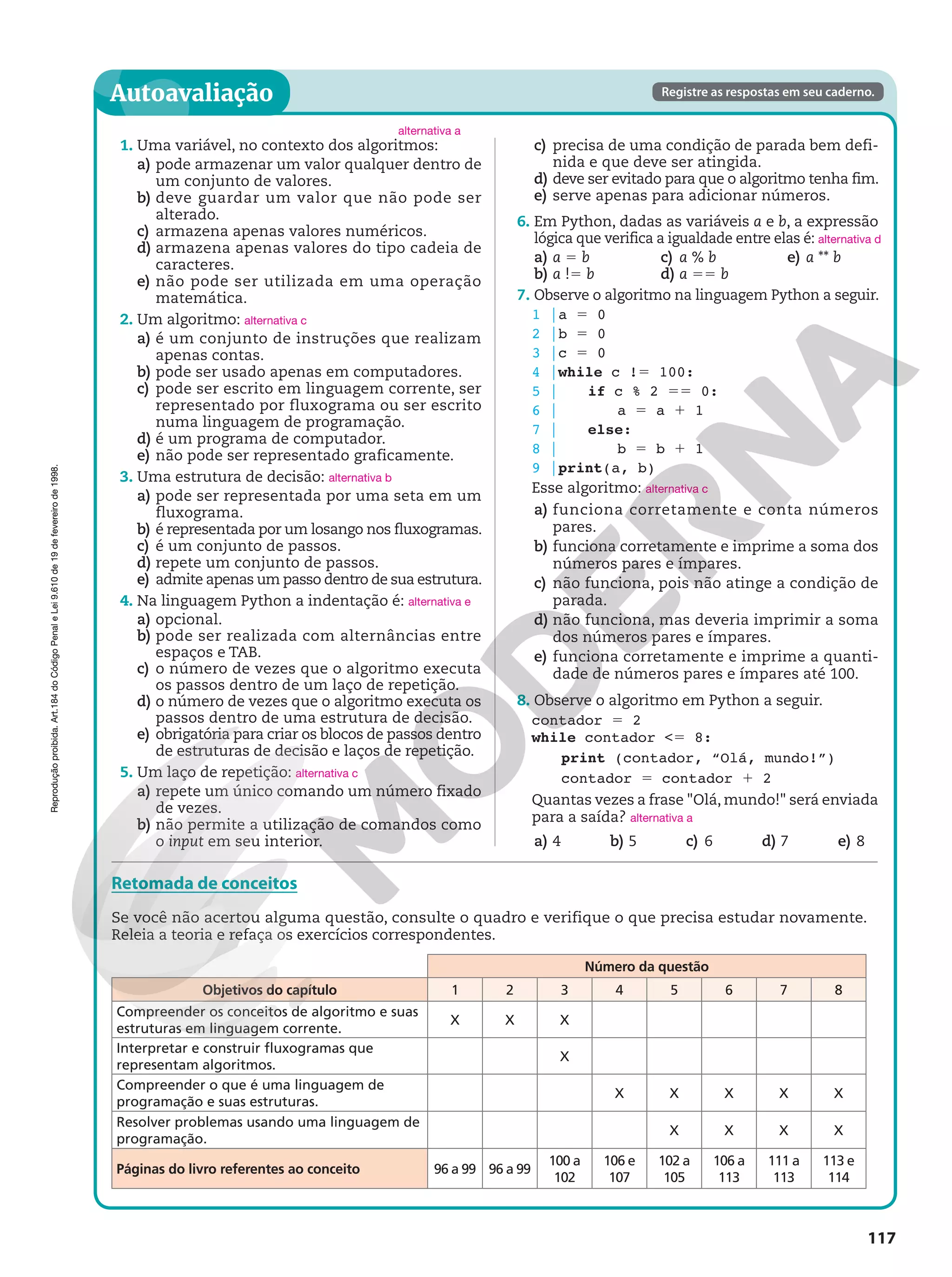 Reprodução
proibida.
Art.184
do
Código
Penal
e
Lei
9.610
de
19
de
fevereiro
de
1998.
117
Reprodução
proibida.
Art.184
do
Código
Penal
e
Lei
9.610
de
19
de
fevereiro
de
1998.
Autoavaliação Registre as respostas em seu caderno.
Retomada de conceitos
Se você não acertou alguma questão, consulte o quadro e verifique o que precisa estudar novamente.
Releia a teoria e refaça os exercícios correspondentes.
1. Uma variável, no contexto dos algoritmos:
a) pode armazenar um valor qualquer dentro de
um conjunto de valores.
b) deve guardar um valor que não pode ser
alterado.
c) armazena apenas valores numéricos.
d) armazena apenas valores do tipo cadeia de
caracteres.
e) não pode ser utilizada em uma operação
matemática.
2. Um algoritmo: alternativa c
a) é um conjunto de instruções que realizam
apenas contas.
b) pode ser usado apenas em computadores.
c) pode ser escrito em linguagem corrente, ser
representado por fluxograma ou ser escrito
numa linguagem de programação.
d) é um programa de computador.
e) não pode ser representado graficamente.
3. Uma estrutura de decisão: alternativa b
a) pode ser representada por uma seta em um
fluxograma.
b) é representada por um losango nos fluxogramas.
c) é um conjunto de passos.
d) repete um conjunto de passos.
e) admite apenas um passo dentro de sua estrutura.
4. Na linguagem Python a indentação é: alternativa e
a) opcional.
b) pode ser realizada com alternâncias entre
espaços e TAB.
c) o número de vezes que o algoritmo executa
os passos dentro de um laço de repetição.
d) o número de vezes que o algoritmo executa os
passos dentro de uma estrutura de decisão.
e) obrigatória para criar os blocos de passos dentro
de estruturas de decisão e laços de repetição.
5. Um laço de repetição: alternativa c
a) repete um único comando um número fixado
de vezes.
b) não permite a utilização de comandos como
o input em seu interior.
alternativa a
c) precisa de uma condição de parada bem defi-
nida e que deve ser atingida.
d) deve ser evitado para que o algoritmo tenha fim.
e) serve apenas para adicionar números.
6. Em Python, dadas as variáveis a e b, a expressão
lógica que verifica a igualdade entre elas é: alternativa d
a) a 5 b
b) a !5 b
c) a % b
d) a 55 b
e) a ** b
7. Observe o algoritmo na linguagem Python a seguir.
1 |a 5 0
2 |b 5 0
3 |c 5 0
4 |while c !5 100:
5 | if c % 2 55 0:
6 | a 5 a 1 1
7 | else:
8 | b 5 b 1 1
9 |print(a, b)
Esse algoritmo: alternativa c
a) funciona corretamente e conta números
pares.
b) funciona corretamente e imprime a soma dos
números pares e ímpares.
c) não funciona, pois não atinge a condição de
parada.
d) não funciona, mas deveria imprimir a soma
dos números pares e ímpares.
e) funciona corretamente e imprime a quanti-
dade de números pares e ímpares até 100.
8. Observe o algoritmo em Python a seguir.
contador 5 2
while contador 5 8:
print (contador, “Olá, mundo!”)
contador 5 contador 1 2
Quantas vezes a frase Olá, mundo! será enviada
para a saída? alternativa a
a) 4 b) 5 c) 6 d) 7 e) 8
Número da questão
Objetivos do capítulo 1 2 3 4 5 6 7 8
Compreender os conceitos de algoritmo e suas
estruturas em linguagem corrente.
X X X
Interpretar e construir fluxogramas que
representam algoritmos.
X
Compreender o que é uma linguagem de
programação e suas estruturas.
X X X X X
Resolver problemas usando uma linguagem de
programação.
X X X X
Páginas do livro referentes ao conceito 96 a 99 96 a 99
100 a
102
106 e
107
102 a
105
106 a
113
111 a
113
113 e
114
 
