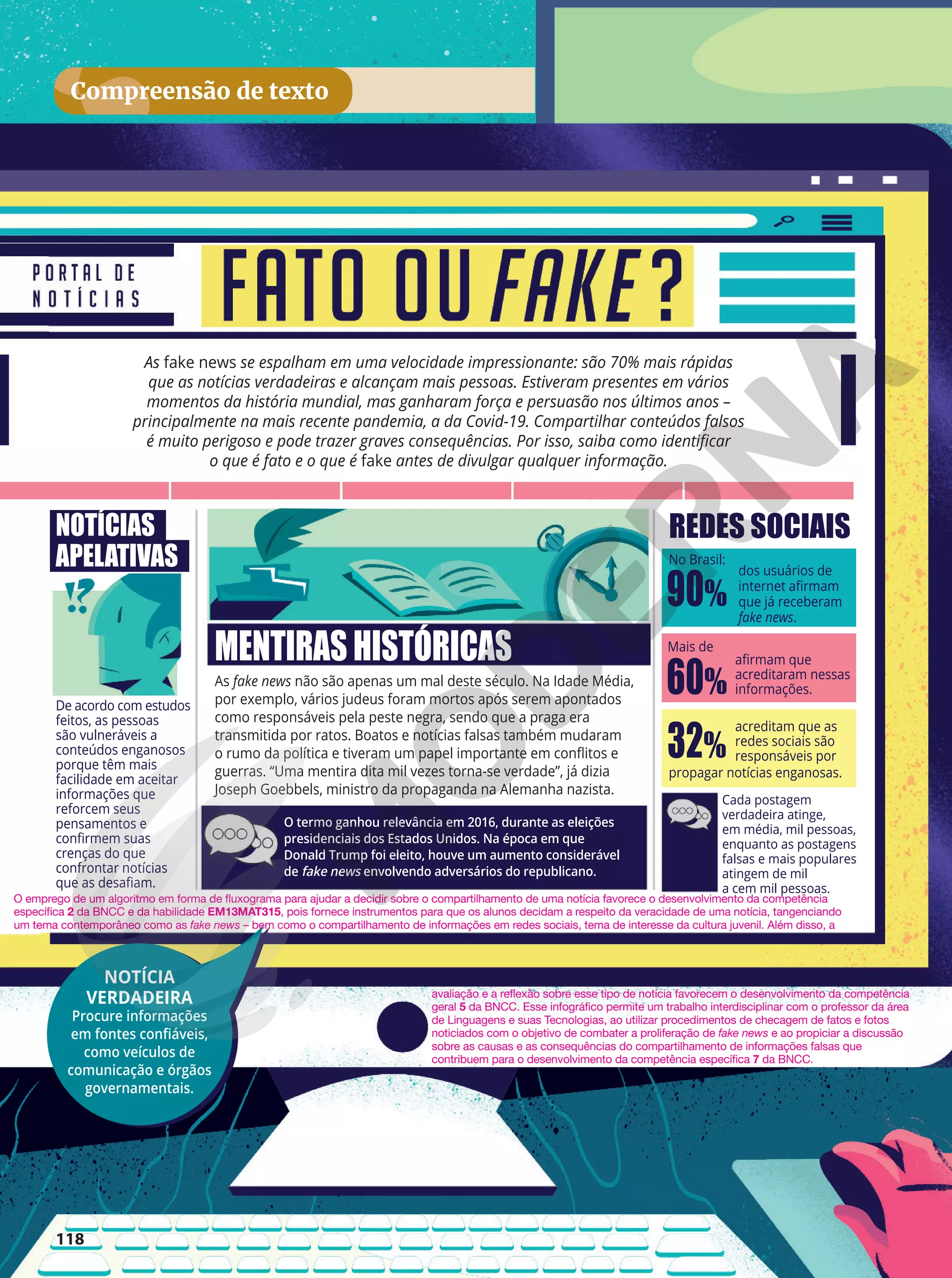 118
Compreensão de texto
As fake news não são apenas um mal deste século. Na Idade Média,
por exemplo, vários judeus foram mortos após serem apontados
como responsáveis pela peste negra, sendo que a praga era
transmitida por ratos. Boatos e notícias falsas também mudaram
o rumo da política e tiveram um papel importante em conflitos e
guerras. “Uma mentira dita mil vezes torna-se verdade”, já dizia
Joseph Goebbels, ministro da propaganda na Alemanha nazista.
As fake news se espalham em uma velocidade impressionante: são 70% mais rápidas
que as notícias verdadeiras e alcançam mais pessoas. Estiveram presentes em vários
momentos da história mundial, mas ganharam força e persuasão nos últimos anos –
principalmente na mais recente pandemia, a da Covid-19. Compartilhar conteúdos falsos
é muito perigoso e pode trazer graves consequências. Por isso, saiba como identificar
o que é fato e o que é fake antes de divulgar qualquer informação.
De acordo com estudos
feitos, as pessoas
são vulneráveis a
conteúdos enganosos
porque têm mais
facilidade em aceitar
informações que
reforcem seus
pensamentos e
confirmem suas
crenças do que
confrontar notícias
que as desafiam.
Cada postagem
verdadeira atinge,
em média, mil pessoas,
enquanto as postagens
falsas e mais populares
atingem de mil
a cem mil pessoas.
O termo ganhou relevância em 2016, durante as eleições
presidenciais dos Estados Unidos. Na época em que
Donald Trump foi eleito, houve um aumento considerável
de fake news envolvendo adversários do republicano.
MENTIRAS HISTÓRICAS
REDES SOCIAIS
NOTÍCIAS
APELATIVAS
NOTÍCIA
VERDADEIRA
Procure informações
em fontes confiáveis,
como veículos de
comunicação e órgãos
governamentais.
118
acreditam que as
redes sociais são
responsáveis por
32%
propagar notícias enganosas.
Mais de
afirmam que
acreditaram nessas
informações.
60%
No Brasil:
dos usuários de
internet afirmam
que já receberam
fake news.
90%
O emprego de um algoritmo em forma de fluxograma para ajudar a decidir sobre o compartilhamento de uma notícia favorece o desenvolvimento da competência
específica 2 da BNCC e da habilidade EM13MAT315, pois fornece instrumentos para que os alunos decidam a respeito da veracidade de uma notícia, tangenciando
um tema contemporâneo como as fake news – bem como o compartilhamento de informações em redes sociais, tema de interesse da cultura juvenil. Além disso, a
avaliação e a reflexão sobre esse tipo de notícia favorecem o desenvolvimento da competência
geral 5 da BNCC. Esse infográfico permite um trabalho interdisciplinar com o professor da área
de Linguagens e suas Tecnologias, ao utilizar procedimentos de checagem de fatos e fotos
noticiados com o objetivo de combater a proliferação de fake news e ao propiciar a discussão
sobre as causas e as consequências do compartilhamento de informações falsas que
contribuem para o desenvolvimento da competência específica 7 da BNCC.
 
