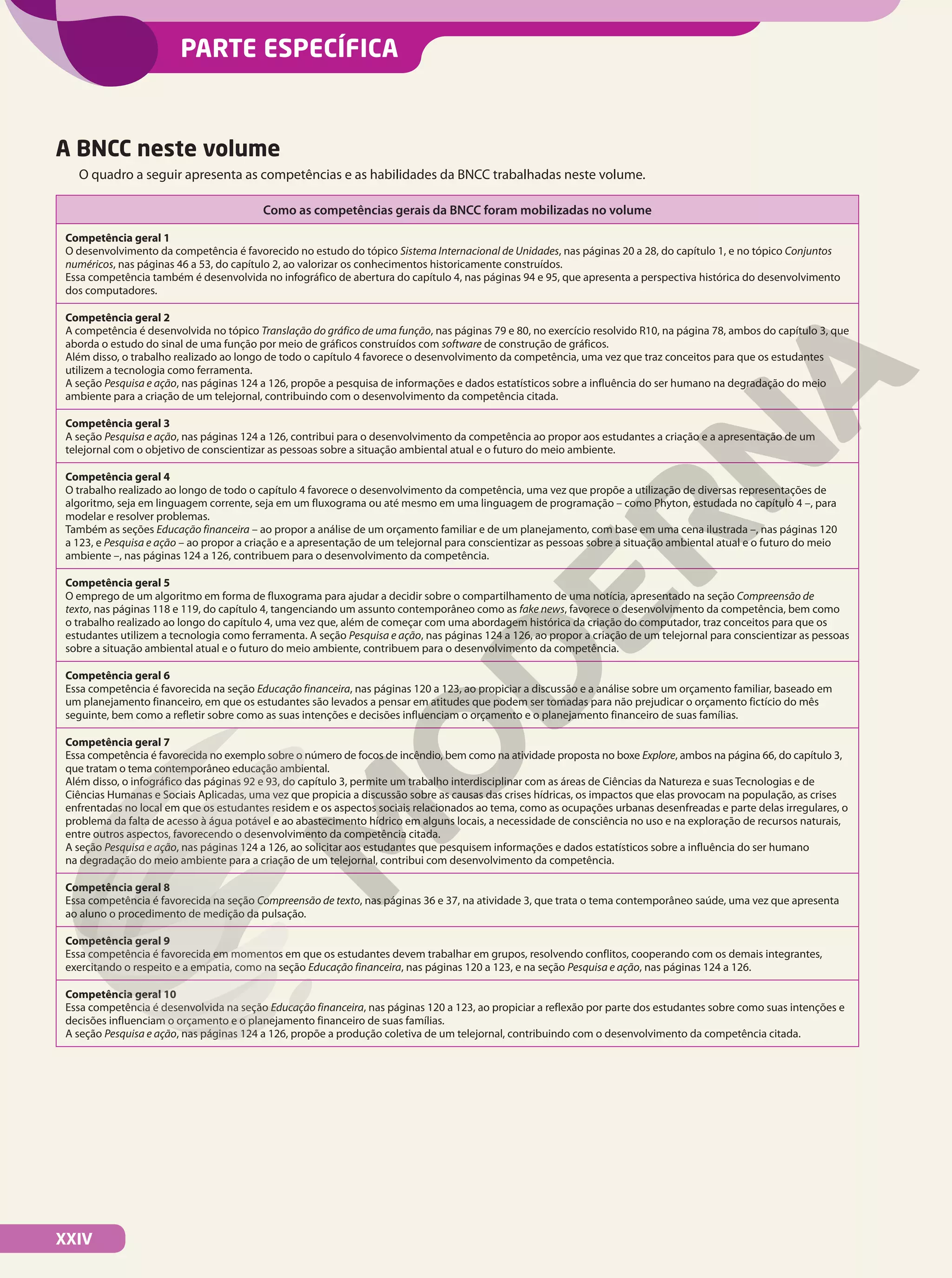 XXIV
A BNCC neste volume
O quadro a seguir apresenta as competências e as habilidades da BNCC trabalhadas neste volume.
Como as competências gerais da BNCC foram mobilizadas no volume
Competência geral 1
O desenvolvimento da competência é favorecido no estudo do tópico Sistema Internacional de Unidades, nas páginas 20 a 28, do capítulo 1, e no tópico Conjuntos
numéricos, nas páginas 46 a 53, do capítulo 2, ao valorizar os conhecimentos historicamente construídos.
Essa competência também é desenvolvida no infográfico de abertura do capítulo 4, nas páginas 94 e 95, que apresenta a perspectiva histórica do desenvolvimento
dos computadores.
Competência geral 2
A competência é desenvolvida no tópico Translação do gráfico de uma função, nas páginas 79 e 80, no exercício resolvido R10, na página 78, ambos do capítulo 3, que
aborda o estudo do sinal de uma função por meio de gráficos construídos com software de construção de gráficos.
Além disso, o trabalho realizado ao longo de todo o capítulo 4 favorece o desenvolvimento da competência, uma vez que traz conceitos para que os estudantes
utilizem a tecnologia como ferramenta.
A seção Pesquisa e ação, nas páginas 124 a 126, propõe a pesquisa de informações e dados estatísticos sobre a influência do ser humano na degradação do meio
ambiente para a criação de um telejornal, contribuindo com o desenvolvimento da competência citada.
Competência geral 3
A seção Pesquisa e ação, nas páginas 124 a 126, contribui para o desenvolvimento da competência ao propor aos estudantes a criação e a apresentação de um
telejornal com o objetivo de conscientizar as pessoas sobre a situação ambiental atual e o futuro do meio ambiente.
Competência geral 4
O trabalho realizado ao longo de todo o capítulo 4 favorece o desenvolvimento da competência, uma vez que propõe a utilização de diversas representações de
algoritmo, seja em linguagem corrente, seja em um fluxograma ou até mesmo em uma linguagem de programação – como Phyton, estudada no capítulo 4 –, para
modelar e resolver problemas.
Também as seções Educação financeira – ao propor a análise de um orçamento familiar e de um planejamento, com base em uma cena ilustrada –, nas páginas 120
a 123, e Pesquisa e ação – ao propor a criação e a apresentação de um telejornal para conscientizar as pessoas sobre a situação ambiental atual e o futuro do meio
ambiente –, nas páginas 124 a 126, contribuem para o desenvolvimento da competência.
Competência geral 5
O emprego de um algoritmo em forma de fluxograma para ajudar a decidir sobre o compartilhamento de uma notícia, apresentado na seção Compreensão de
texto, nas páginas 118 e 119, do capítulo 4, tangenciando um assunto contemporâneo como as fake news, favorece o desenvolvimento da competência, bem como
o trabalho realizado ao longo do capítulo 4, uma vez que, além de começar com uma abordagem histórica da criação do computador, traz conceitos para que os
estudantes utilizem a tecnologia como ferramenta. A seção Pesquisa e ação, nas páginas 124 a 126, ao propor a criação de um telejornal para conscientizar as pessoas
sobre a situação ambiental atual e o futuro do meio ambiente, contribuem para o desenvolvimento da competência.
Competência geral 6
Essa competência é favorecida na seção Educação financeira, nas páginas 120 a 123, ao propiciar a discussão e a análise sobre um orçamento familiar, baseado em
um planejamento financeiro, em que os estudantes são levados a pensar em atitudes que podem ser tomadas para não prejudicar o orçamento fictício do mês
seguinte, bem como a refletir sobre como as suas intenções e decisões influenciam o orçamento e o planejamento financeiro de suas famílias.
Competência geral 7
Essa competência é favorecida no exemplo sobre o número de focos de incêndio, bem como na atividade proposta no boxe Explore, ambos na página 66, do capítulo 3,
que tratam o tema contemporâneo educação ambiental.
Além disso, o infográfico das páginas 92 e 93, do capítulo 3, permite um trabalho interdisciplinar com as áreas de Ciências da Natureza e suas Tecnologias e de
Ciências Humanas e Sociais Aplicadas, uma vez que propicia a discussão sobre as causas das crises hídricas, os impactos que elas provocam na população, as crises
enfrentadas no local em que os estudantes residem e os aspectos sociais relacionados ao tema, como as ocupações urbanas desenfreadas e parte delas irregulares, o
problema da falta de acesso à água potável e ao abastecimento hídrico em alguns locais, a necessidade de consciência no uso e na exploração de recursos naturais,
entre outros aspectos, favorecendo o desenvolvimento da competência citada.
A seção Pesquisa e ação, nas páginas 124 a 126, ao solicitar aos estudantes que pesquisem informações e dados estatísticos sobre a influência do ser humano
na degradação do meio ambiente para a criação de um telejornal, contribui com desenvolvimento da competência.
Competência geral 8
Essa competência é favorecida na seção Compreensão de texto, nas páginas 36 e 37, na atividade 3, que trata o tema contemporâneo saúde, uma vez que apresenta
ao aluno o procedimento de medição da pulsação.
Competência geral 9
Essa competência é favorecida em momentos em que os estudantes devem trabalhar em grupos, resolvendo conflitos, cooperando com os demais integrantes,
exercitando o respeito e a empatia, como na seção Educação financeira, nas páginas 120 a 123, e na seção Pesquisa e ação, nas páginas 124 a 126.
Competência geral 10
Essa competência é desenvolvida na seção Educação financeira, nas páginas 120 a 123, ao propiciar a reflexão por parte dos estudantes sobre como suas intenções e
decisões influenciam o orçamento e o planejamento financeiro de suas famílias.
A seção Pesquisa e ação, nas páginas 124 a 126, propõe a produção coletiva de um telejornal, contribuindo com o desenvolvimento da competência citada.
PARTE ESPECÍFICA
 