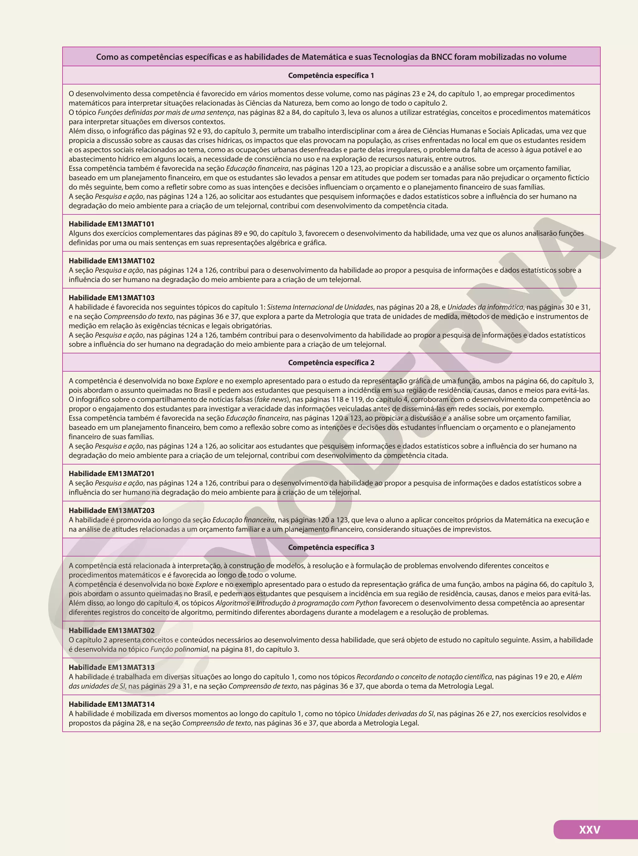 XXV
Como as competências específicas e as habilidades de Matemática e suas Tecnologias da BNCC foram mobilizadas no volume
Competência específica 1
O desenvolvimento dessa competência é favorecido em vários momentos desse volume, como nas páginas 23 e 24, do capítulo 1, ao empregar procedimentos
matemáticos para interpretar situações relacionadas às Ciências da Natureza, bem como ao longo de todo o capítulo 2.
O tópico Funções definidas por mais de uma sentença, nas páginas 82 a 84, do capítulo 3, leva os alunos a utilizar estratégias, conceitos e procedimentos matemáticos
para interpretar situações em diversos contextos.
Além disso, o infográfico das páginas 92 e 93, do capítulo 3, permite um trabalho interdisciplinar com a área de Ciências Humanas e Sociais Aplicadas, uma vez que
propicia a discussão sobre as causas das crises hídricas, os impactos que elas provocam na população, as crises enfrentadas no local em que os estudantes residem
e os aspectos sociais relacionados ao tema, como as ocupações urbanas desenfreadas e parte delas irregulares, o problema da falta de acesso à água potável e ao
abastecimento hídrico em alguns locais, a necessidade de consciência no uso e na exploração de recursos naturais, entre outros.
Essa competência também é favorecida na seção Educação financeira, nas páginas 120 a 123, ao propiciar a discussão e a análise sobre um orçamento familiar,
baseado em um planejamento financeiro, em que os estudantes são levados a pensar em atitudes que podem ser tomadas para não prejudicar o orçamento fictício
do mês seguinte, bem como a refletir sobre como as suas intenções e decisões influenciam o orçamento e o planejamento financeiro de suas famílias.
A seção Pesquisa e ação, nas páginas 124 a 126, ao solicitar aos estudantes que pesquisem informações e dados estatísticos sobre a influência do ser humano na
degradação do meio ambiente para a criação de um telejornal, contribui com desenvolvimento da competência citada.
Habilidade EM13MAT101
Alguns dos exercícios complementares das páginas 89 e 90, do capítulo 3, favorecem o desenvolvimento da habilidade, uma vez que os alunos analisarão funções
definidas por uma ou mais sentenças em suas representações algébrica e gráfica.
Habilidade EM13MAT102
A seção Pesquisa e ação, nas páginas 124 a 126, contribui para o desenvolvimento da habilidade ao propor a pesquisa de informações e dados estatísticos sobre a
influência do ser humano na degradação do meio ambiente para a criação de um telejornal.
Habilidade EM13MAT103
A habilidade é favorecida nos seguintes tópicos do capítulo 1: Sistema Internacional de Unidades, nas páginas 20 a 28, e Unidades da informática, nas páginas 30 e 31,
e na seção Compreensão do texto, nas páginas 36 e 37, que explora a parte da Metrologia que trata de unidades de medida, métodos de medição e instrumentos de
medição em relação às exigências técnicas e legais obrigatórias.
A seção Pesquisa e ação, nas páginas 124 a 126, também contribui para o desenvolvimento da habilidade ao propor a pesquisa de informações e dados estatísticos
sobre a influência do ser humano na degradação do meio ambiente para a criação de um telejornal.
Competência específica 2
A competência é desenvolvida no boxe Explore e no exemplo apresentado para o estudo da representação gráfica de uma função, ambos na página 66, do capítulo 3,
pois abordam o assunto queimadas no Brasil e pedem aos estudantes que pesquisem a incidência em sua região de residência, causas, danos e meios para evitá-las.
O infográfico sobre o compartilhamento de notícias falsas (fake news), nas páginas 118 e 119, do capítulo 4, corroboram com o desenvolvimento da competência ao
propor o engajamento dos estudantes para investigar a veracidade das informações veiculadas antes de disseminá-las em redes sociais, por exemplo.
Essa competência também é favorecida na seção Educação financeira, nas páginas 120 a 123, ao propiciar a discussão e a análise sobre um orçamento familiar,
baseado em um planejamento financeiro, bem como a reflexão sobre como as intenções e decisões dos estudantes influenciam o orçamento e o planejamento
financeiro de suas famílias.
A seção Pesquisa e ação, nas páginas 124 a 126, ao solicitar aos estudantes que pesquisem informações e dados estatísticos sobre a influência do ser humano na
degradação do meio ambiente para a criação de um telejornal, contribui com desenvolvimento da competência citada.
Habilidade EM13MAT201
A seção Pesquisa e ação, nas páginas 124 a 126, contribui para o desenvolvimento da habilidade ao propor a pesquisa de informações e dados estatísticos sobre a
influência do ser humano na degradação do meio ambiente para a criação de um telejornal.
Habilidade EM13MAT203
A habilidade é promovida ao longo da seção Educação financeira, nas páginas 120 a 123, que leva o aluno a aplicar conceitos próprios da Matemática na execução e
na análise de atitudes relacionadas a um orçamento familiar e a um planejamento financeiro, considerando situações de imprevistos.
Competência específica 3
A competência está relacionada à interpretação, à construção de modelos, à resolução e à formulação de problemas envolvendo diferentes conceitos e
procedimentos matemáticos e é favorecida ao longo de todo o volume.
A competência é desenvolvida no boxe Explore e no exemplo apresentado para o estudo da representação gráfica de uma função, ambos na página 66, do capítulo 3,
pois abordam o assunto queimadas no Brasil, e pedem aos estudantes que pesquisem a incidência em sua região de residência, causas, danos e meios para evitá-las.
Além disso, ao longo do capítulo 4, os tópicos Algoritmos e Introdução à programação com Python favorecem o desenvolvimento dessa competência ao apresentar
diferentes registros do conceito de algoritmo, permitindo diferentes abordagens durante a modelagem e a resolução de problemas.
Habilidade EM13MAT302
O capítulo 2 apresenta conceitos e conteúdos necessários ao desenvolvimento dessa habilidade, que será objeto de estudo no capítulo seguinte. Assim, a habilidade
é desenvolvida no tópico Função polinomial, na página 81, do capítulo 3.
Habilidade EM13MAT313
A habilidade é trabalhada em diversas situações ao longo do capítulo 1, como nos tópicos Recordando o conceito de notação científica, nas páginas 19 e 20, e Além
das unidades de SI, nas páginas 29 a 31, e na seção Compreensão de texto, nas páginas 36 e 37, que aborda o tema da Metrologia Legal.
Habilidade EM13MAT314
A habilidade é mobilizada em diversos momentos ao longo do capítulo 1, como no tópico Unidades derivadas do SI, nas páginas 26 e 27, nos exercícios resolvidos e
propostos da página 28, e na seção Compreensão de texto, nas páginas 36 e 37, que aborda a Metrologia Legal.
 