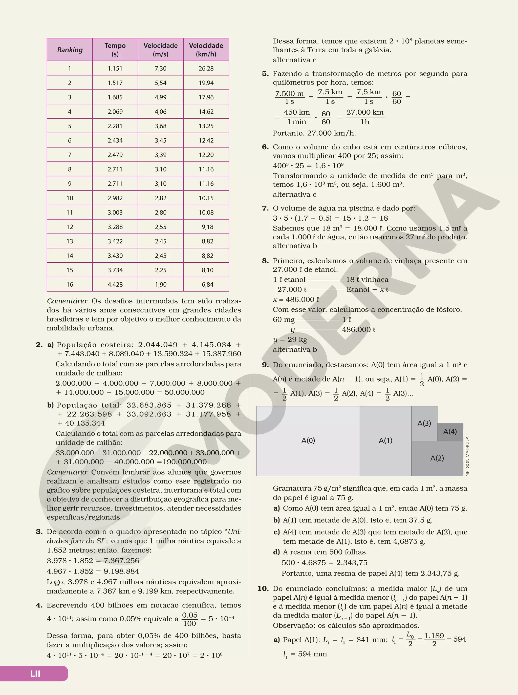 LII
Ranking
Tempo
(s)
Velocidade
(m/s)
Velocidade
(km/h)
1 1.151 7,30 26,28
2 1.517 5,54 19,94
3 1.685 4,99 17,96
4 2.069 4,06 14,62
5 2.281 3,68 13,25
6 2.434 3,45 12,42
7 2.479 3,39 12,20
8 2.711 3,10 11,16
9 2.711 3,10 11,16
10 2.982 2,82 10,15
11 3.003 2,80 10,08
12 3.288 2,55 9,18
13 3.422 2,45 8,82
14 3.430 2,45 8,82
15 3.734 2,25 8,10
16 4.428 1,90 6,84
Comentário: Os desafios intermodais têm sido realiza-
dos há vários anos consecutivos em grandes cidades
brasileiras e têm por objetivo o melhor conhecimento da
mobilidade urbana.
2. a) População costeira: 2.044.049 1 4.145.034 1
1 7.443.040 1 8.089.040 1 13.590.324 1 15.387.960
Calculando o total com as parcelas arredondadas para
unidade de milhão:
2.000.000 1 4.000.000 1 7.000.000 1 8.000.000 1
1 14.000.000 1 15.000.000 5 50.000.000
b) População total: 32.683.865 1 31.379.266 1
1 22.263.598 1 33.092.663 1 31.177.958 1
1 40.135.344
Calculando o total com as parcelas arredondadas para
unidade de milhão:
33.000.000 1 31.000.000 1 22.000.000 1 33.000.000 1
1 31.000.000 1 40.000.000 5190.000.000
Comentário: Convém lembrar aos alunos que governos
realizam e analisam estudos como esse registrado no
gráfico sobre populações costeira, interiorana e total com
o objetivo de conhecer a distribuição geográfica para me-
lhor gerir recursos, investimentos, atender necessidades
específicas/regionais.
3. De acordo com o o quadro apresentado no tópico “Uni-
dades fora do SI”; vemos que 1 milha náutica equivale a
1.852 metros; então, fazemos:
3.978 8 1.852 5 7.367.256
4.967 8 1.852 = 9.198.884
Logo, 3.978 e 4.967 milhas náuticas equivalem aproxi-
madamente a 7.367 km e 9.199 km, respectivamente.
4. Escrevendo 400 bilhões em notação científica, temos
4 8 1011
; assim como 0,05% equivale a
0,05
100
5 5 8 1024
Dessa forma, para obter 0,05% de 400 bilhões, basta
fazer a multiplicação dos valores; assim:
4 8 1011
8 5 8 1024
= 20 8 1011 2 4
= 20 8 107
= 2 8 108
Dessa forma, temos que existem 2 8 108
planetas seme-
lhantes à Terra em toda a galáxia.
alternativa c
5. Fazendo a transformação de metros por segundo para
quilômetros por hora, temos:
7.500 m
1 s
7,5 km
1 s
7,5 km
1 s
60
60
450 km
1 min
60
60
27.000 km
1h
5 5 8 5
5 8 5
Portanto, 27.000 km/h.
6. Como o volume do cubo está em centímetros cúbicos,
vamos multiplicar 400 por 25; assim:
4003
8 25 = 1,6 8 109
Transformando a unidade de medida de cm3
para m3
,
temos 1,6 8 103
m3
, ou seja, 1.600 m3
.
alternativa c
7. O volume de água na piscina é dado por:
3 8 5 8 (1,7 2 0,5) = 15 8 1,2 = 18
Sabemos que 18 m3
= 18.000 L. Como usamos 1,5 mL a
cada 1.000 L de água, então usaremos 27 mL do produto.
alternativa b
8. Primeiro, calculamos o volume de vinhaça presente em
27.000 L de etanol.
1 L etanol –––––––––– 18 L vinhaça
27.000 L –––––––––– Etanol 2 x L
x = 486.000 L
Com esse valor, calculamos a concentração de fósforo.
60 mg –––––––––––– 1 L
y –––––––––––– 486.000 L
y = 29 kg
alternativa b
9. Do enunciado, destacamos: A(0) tem área igual a 1 m2
e
A(n) é metade de A(n 2 1), ou seja, A(1) 5 1
2
A(0), A(2) 5
5 1
2
A(1), A(3) 5 1
2
A(2), A(4) 5 1
2
A(3)...
A(4)
A(3)
A(2)
A(1)
A(0)
Gramatura 75 g/m2
significa que, em cada 1 m2
, a massa
do papel é igual a 75 g.
a) Como A(0) tem área igual a 1 m2
, então A(0) tem 75 g.
b) A(1) tem metade de A(0), isto é, tem 37,5 g.
c) A(4) tem metade de A(3) que tem metade de A(2), que
tem metade de A(1), isto é, tem 4,6875 g.
d) A resma tem 500 folhas.
500 8 4,6875 5 2.343,75
Portanto, uma resma de papel A(4) tem 2.343,75 g.
10. Do enunciado concluímos: a medida maior (Ln
) de um
papel A(n) é igual à medida menor (ln 21
) do papel A(n 2 1)
e à medida menor (ln
) de um papel A(n) é igual à metade
da medida maior (Ln 2 1
) do papel A(n 2 1).
Observação: os cálculos são aproximados.
a) Papel A(1): L1
5 l0
5 841 mm; = = =
l
L
2
1.189
2
594
1
0
l1
5 594 mm
NELSON
MATSUDA
 