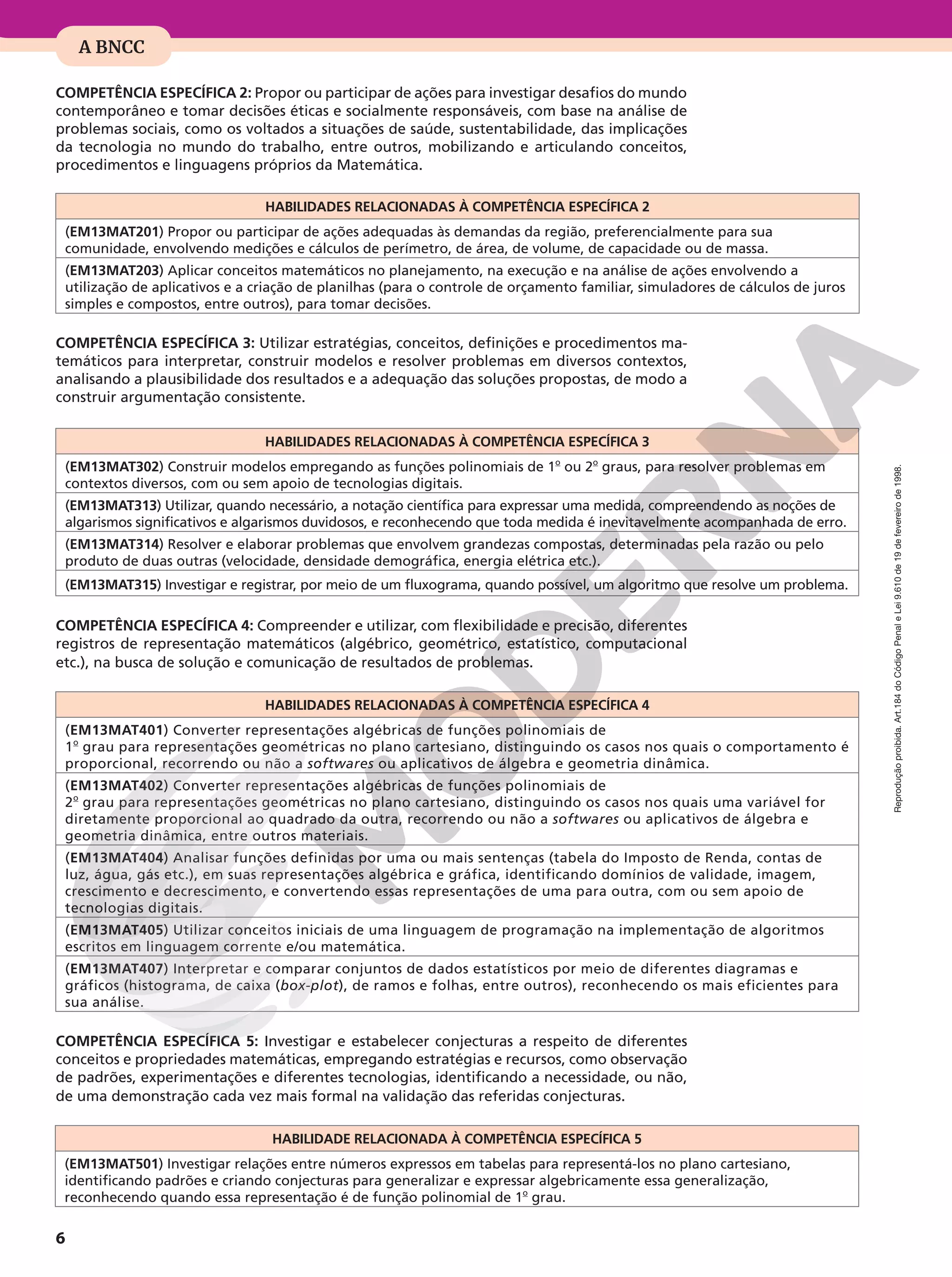 Reprodução
proibida.
Art.184
do
Código
Penal
e
Lei
9.610
de
19
de
fevereiro
de
1998.
6
HABILIDADES RELACIONADAS À COMPETÊNCIA ESPECÍFICA 4
(EM13MAT401) Converter representações algébricas de funções polinomiais de
1o
grau para representações geométricas no plano cartesiano, distinguindo os casos nos quais o comportamento é
proporcional, recorrendo ou não a softwares ou aplicativos de álgebra e geometria dinâmica.
(EM13MAT402) Converter representações algébricas de funções polinomiais de
2o
grau para representações geométricas no plano cartesiano, distinguindo os casos nos quais uma variável for
diretamente proporcional ao quadrado da outra, recorrendo ou não a softwares ou aplicativos de álgebra e
geometria dinâmica, entre outros materiais.
(EM13MAT404) Analisar funções definidas por uma ou mais sentenças (tabela do Imposto de Renda, contas de
luz, água, gás etc.), em suas representações algébrica e gráfica, identificando domínios de validade, imagem,
crescimento e decrescimento, e convertendo essas representações de uma para outra, com ou sem apoio de
tecnologias digitais.
(EM13MAT405) Utilizar conceitos iniciais de uma linguagem de programação na implementação de algoritmos
escritos em linguagem corrente e/ou matemática.
(EM13MAT407) Interpretar e comparar conjuntos de dados estatísticos por meio de diferentes diagramas e
gráficos (histograma, de caixa (box-plot), de ramos e folhas, entre outros), reconhecendo os mais eficientes para
sua análise.
HABILIDADE RELACIONADA À COMPETÊNCIA ESPECÍFICA 5
(EM13MAT501) Investigar relações entre números expressos em tabelas para representá-los no plano cartesiano,
identificando padrões e criando conjecturas para generalizar e expressar algebricamente essa generalização,
reconhecendo quando essa representação é de função polinomial de 1o
grau.
COMPETÊNCIA ESPECÍFICA 2: Propor ou participar de ações para investigar desafios do mundo
contemporâneo e tomar decisões éticas e socialmente responsáveis, com base na análise de
problemas sociais, como os voltados a situações de saúde, sustentabilidade, das implicações
da tecnologia no mundo do trabalho, entre outros, mobilizando e articulando conceitos,
procedimentos e linguagens próprios da Matemática.
HABILIDADES RELACIONADAS À COMPETÊNCIA ESPECÍFICA 2
(EM13MAT201) Propor ou participar de ações adequadas às demandas da região, preferencialmente para sua
comunidade, envolvendo medições e cálculos de perímetro, de área, de volume, de capacidade ou de massa.
(EM13MAT203) Aplicar conceitos matemáticos no planejamento, na execução e na análise de ações envolvendo a
utilização de aplicativos e a criação de planilhas (para o controle de orçamento familiar, simuladores de cálculos de juros
simples e compostos, entre outros), para tomar decisões.
COMPETÊNCIA ESPECÍFICA 3: Utilizar estratégias, conceitos, definições e procedimentos ma-
temáticos para interpretar, construir modelos e resolver problemas em diversos contextos,
analisando a plausibilidade dos resultados e a adequação das soluções propostas, de modo a
construir argumentação consistente.
COMPETÊNCIA ESPECÍFICA 4: Compreender e utilizar, com flexibilidade e precisão, diferentes
registros de representação matemáticos (algébrico, geométrico, estatístico, computacional
etc.), na busca de solução e comunicação de resultados de problemas.
COMPETÊNCIA ESPECÍFICA 5: Investigar e estabelecer conjecturas a respeito de diferentes
conceitos e propriedades matemáticas, empregando estratégias e recursos, como observação
de padrões, experimentações e diferentes tecnologias, identificando a necessidade, ou não,
de uma demonstração cada vez mais formal na validação das referidas conjecturas.
A BNCC
HABILIDADES RELACIONADAS À COMPETÊNCIA ESPECÍFICA 3
(EM13MAT302) Construir modelos empregando as funções polinomiais de 1o
ou 2o
graus, para resolver problemas em
contextos diversos, com ou sem apoio de tecnologias digitais.
(EM13MAT313) Utilizar, quando necessário, a notação científica para expressar uma medida, compreendendo as noções de
algarismos significativos e algarismos duvidosos, e reconhecendo que toda medida é inevitavelmente acompanhada de erro.
(EM13MAT314) Resolver e elaborar problemas que envolvem grandezas compostas, determinadas pela razão ou pelo
produto de duas outras (velocidade, densidade demográfica, energia elétrica etc.).
(EM13MAT315) Investigar e registrar, por meio de um fluxograma, quando possível, um algoritmo que resolve um problema.
 