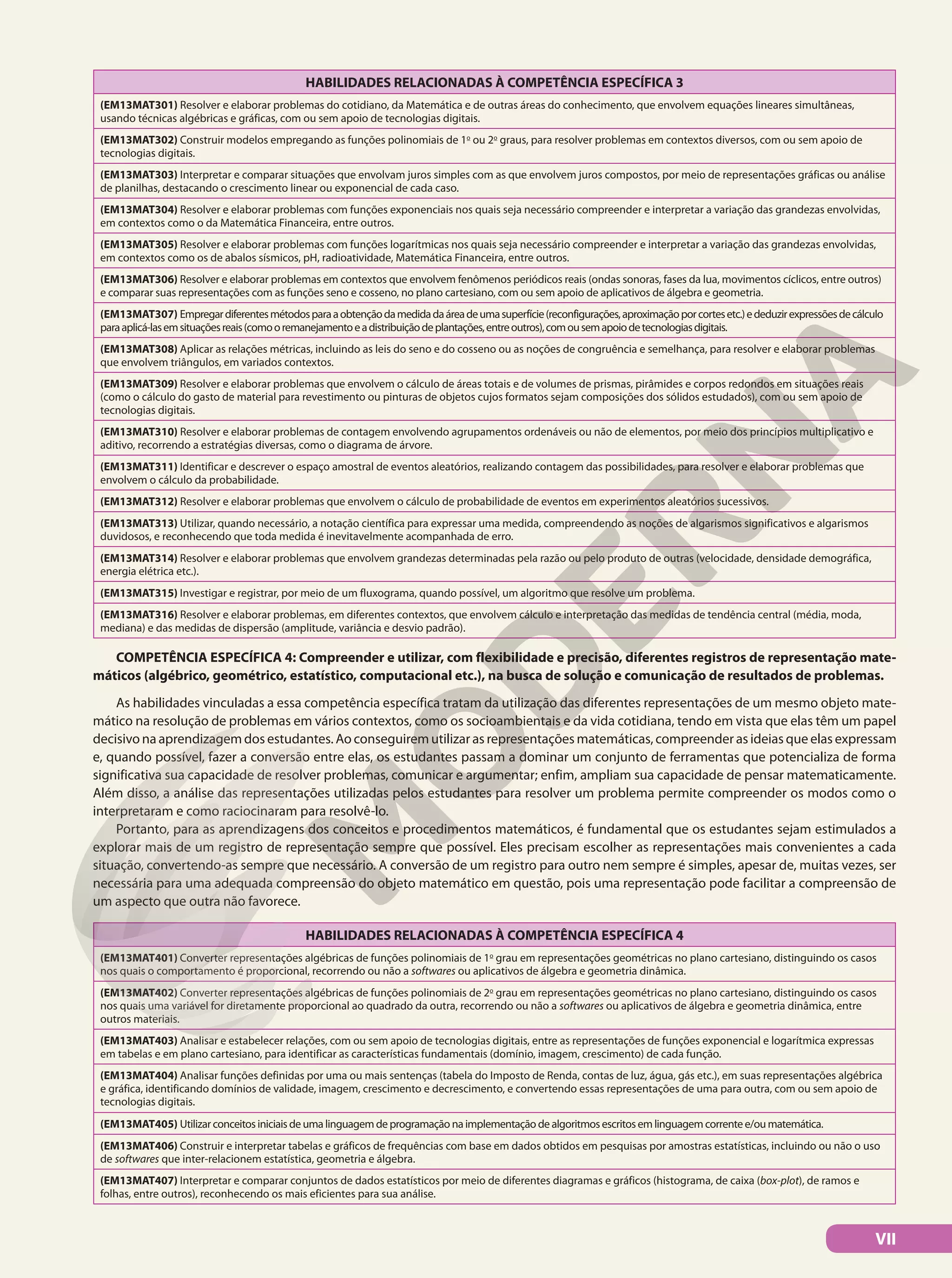HABILIDADES RELACIONADAS À COMPETÊNCIA ESPECÍFICA 3
(EM13MAT301) Resolver e elaborar problemas do cotidiano, da Matemática e de outras áreas do conhecimento, que envolvem equações lineares simultâneas,
usando técnicas algébricas e gráficas, com ou sem apoio de tecnologias digitais.
(EM13MAT302) Construir modelos empregando as funções polinomiais de 1o
ou 2o
graus, para resolver problemas em contextos diversos, com ou sem apoio de
tecnologias digitais.
(EM13MAT303) Interpretar e comparar situações que envolvam juros simples com as que envolvem juros compostos, por meio de representações gráficas ou análise
de planilhas, destacando o crescimento linear ou exponencial de cada caso.
(EM13MAT304) Resolver e elaborar problemas com funções exponenciais nos quais seja necessário compreender e interpretar a variação das grandezas envolvidas,
em contextos como o da Matemática Financeira, entre outros.
(EM13MAT305) Resolver e elaborar problemas com funções logarítmicas nos quais seja necessário compreender e interpretar a variação das grandezas envolvidas,
em contextos como os de abalos sísmicos, pH, radioatividade, Matemática Financeira, entre outros.
(EM13MAT306) Resolver e elaborar problemas em contextos que envolvem fenômenos periódicos reais (ondas sonoras, fases da lua, movimentos cíclicos, entre outros)
e comparar suas representações com as funções seno e cosseno, no plano cartesiano, com ou sem apoio de aplicativos de álgebra e geometria.
(EM13MAT307) Empregardiferentesmétodosparaaobtençãodamedidadaáreadeumasuperfície(reconfigurações,aproximaçãoporcortesetc.)ededuzirexpressõesdecálculo
paraaplicá-lasemsituaçõesreais(comooremanejamentoeadistribuiçãodeplantações,entreoutros),comousemapoiodetecnologiasdigitais.
(EM13MAT308) Aplicar as relações métricas, incluindo as leis do seno e do cosseno ou as noções de congruência e semelhança, para resolver e elaborar problemas
que envolvem triângulos, em variados contextos.
(EM13MAT309) Resolver e elaborar problemas que envolvem o cálculo de áreas totais e de volumes de prismas, pirâmides e corpos redondos em situações reais
(como o cálculo do gasto de material para revestimento ou pinturas de objetos cujos formatos sejam composições dos sólidos estudados), com ou sem apoio de
tecnologias digitais.
(EM13MAT310) Resolver e elaborar problemas de contagem envolvendo agrupamentos ordenáveis ou não de elementos, por meio dos princípios multiplicativo e
aditivo, recorrendo a estratégias diversas, como o diagrama de árvore.
(EM13MAT311) Identificar e descrever o espaço amostral de eventos aleatórios, realizando contagem das possibilidades, para resolver e elaborar problemas que
envolvem o cálculo da probabilidade.
(EM13MAT312) Resolver e elaborar problemas que envolvem o cálculo de probabilidade de eventos em experimentos aleatórios sucessivos.
(EM13MAT313) Utilizar, quando necessário, a notação científica para expressar uma medida, compreendendo as noções de algarismos significativos e algarismos
duvidosos, e reconhecendo que toda medida é inevitavelmente acompanhada de erro.
(EM13MAT314) Resolver e elaborar problemas que envolvem grandezas determinadas pela razão ou pelo produto de outras (velocidade, densidade demográfica,
energia elétrica etc.).
(EM13MAT315) Investigar e registrar, por meio de um fluxograma, quando possível, um algoritmo que resolve um problema.
(EM13MAT316) Resolver e elaborar problemas, em diferentes contextos, que envolvem cálculo e interpretação das medidas de tendência central (média, moda,
mediana) e das medidas de dispersão (amplitude, variância e desvio padrão).
COMPETÊNCIA ESPECÍFICA 4: Compreender e utilizar, com flexibilidade e precisão, diferentes registros de representação mate-
máticos (algébrico, geométrico, estatístico, computacional etc.), na busca de solução e comunicação de resultados de problemas.
As habilidades vinculadas a essa competência específica tratam da utilização das diferentes representações de um mesmo objeto mate-
mático na resolução de problemas em vários contextos, como os socioambientais e da vida cotidiana, tendo em vista que elas têm um papel
decisivo na aprendizagem dos estudantes. Ao conseguirem utilizar as representações matemáticas, compreender as ideias que elas expressam
e, quando possível, fazer a conversão entre elas, os estudantes passam a dominar um conjunto de ferramentas que potencializa de forma
significativa sua capacidade de resolver problemas, comunicar e argumentar; enfim, ampliam sua capacidade de pensar matematicamente.
Além disso, a análise das representações utilizadas pelos estudantes para resolver um problema permite compreender os modos como o
interpretaram e como raciocinaram para resolvê-lo.
Portanto, para as aprendizagens dos conceitos e procedimentos matemáticos, é fundamental que os estudantes sejam estimulados a
explorar mais de um registro de representação sempre que possível. Eles precisam escolher as representações mais convenientes a cada
situação, convertendo-as sempre que necessário. A conversão de um registro para outro nem sempre é simples, apesar de, muitas vezes, ser
necessária para uma adequada compreensão do objeto matemático em questão, pois uma representação pode facilitar a compreensão de
um aspecto que outra não favorece.
HABILIDADES RELACIONADAS À COMPETÊNCIA ESPECÍFICA 4
(EM13MAT401) Converter representações algébricas de funções polinomiais de 1o
grau em representações geométricas no plano cartesiano, distinguindo os casos
nos quais o comportamento é proporcional, recorrendo ou não a softwares ou aplicativos de álgebra e geometria dinâmica.
(EM13MAT402) Converter representações algébricas de funções polinomiais de 2o
grau em representações geométricas no plano cartesiano, distinguindo os casos
nos quais uma variável for diretamente proporcional ao quadrado da outra, recorrendo ou não a softwares ou aplicativos de álgebra e geometria dinâmica, entre
outros materiais.
(EM13MAT403) Analisar e estabelecer relações, com ou sem apoio de tecnologias digitais, entre as representações de funções exponencial e logarítmica expressas
em tabelas e em plano cartesiano, para identificar as características fundamentais (domínio, imagem, crescimento) de cada função.
(EM13MAT404) Analisar funções definidas por uma ou mais sentenças (tabela do Imposto de Renda, contas de luz, água, gás etc.), em suas representações algébrica
e gráfica, identificando domínios de validade, imagem, crescimento e decrescimento, e convertendo essas representações de uma para outra, com ou sem apoio de
tecnologias digitais.
(EM13MAT405) Utilizar conceitos iniciais de uma linguagem de programação na implementação de algoritmos escritos em linguagem corrente e/ou matemática.
(EM13MAT406) Construir e interpretar tabelas e gráficos de frequências com base em dados obtidos em pesquisas por amostras estatísticas, incluindo ou não o uso
de softwares que inter-relacionem estatística, geometria e álgebra.
(EM13MAT407) Interpretar e comparar conjuntos de dados estatísticos por meio de diferentes diagramas e gráficos (histograma, de caixa (box-plot), de ramos e
folhas, entre outros), reconhecendo os mais eficientes para sua análise.
VII
 
