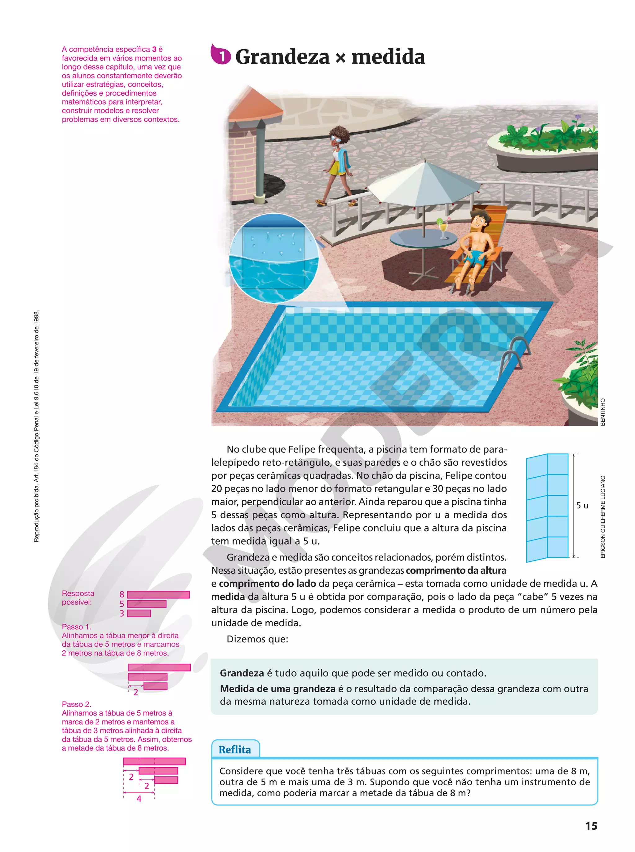 Reprodução
proibida.
Art.184
do
Código
Penal
e
Lei
9.610
de
19
de
fevereiro
de
1998.
15
1 Grandeza × medida
5 u
No clube que Felipe frequenta, a piscina tem formato de para-
lelepípedo reto-retângulo, e suas paredes e o chão são revestidos
por peças cerâmicas quadradas. No chão da piscina, Felipe contou
20 peças no lado menor do formato retangular e 30 peças no lado
maior, perpendicular ao anterior. Ainda reparou que a piscina tinha
5 dessas peças como altura. Representando por u a medida dos
lados das peças cerâmicas, Felipe concluiu que a altura da piscina
tem medida igual a 5 u.
Grandeza e medida são conceitos relacionados, porém distintos.
Nessa situação, estão presentes as grandezas comprimento da altura
e comprimento do lado da peça cerâmica – esta tomada como unidade de medida u. A
medida da altura 5 u é obtida por comparação, pois o lado da peça “cabe” 5 vezes na
altura da piscina. Logo, podemos considerar a medida o produto de um número pela
unidade de medida.
Dizemos que:
Grandeza é tudo aquilo que pode ser medido ou contado.
Medida de uma grandeza é o resultado da comparação dessa grandeza com outra
da mesma natureza tomada como unidade de medida.
Reflita
Considere que você tenha três tábuas com os seguintes comprimentos: uma de 8 m,
outra de 5 m e mais uma de 3 m. Supondo que você não tenha um instrumento de
medida, como poderia marcar a metade da tábua de 8 m?
8
5
3
2
4
2
2
BENTINHO
ERICSON
GUILHERME
LUCIANO
Passo 1.
Alinhamos a tábua menor à direita
da tábua de 5 metros e marcamos
2 metros na tábua de 8 metros.
Passo 2.
Alinhamos a tábua de 5 metros à
marca de 2 metros e mantemos a
tábua de 3 metros alinhada à direita
da tábua da 5 metros. Assim, obtemos
a metade da tábua de 8 metros.
Resposta
possível:
A competência específica 3 é
favorecida em vários momentos ao
longo desse capítulo, uma vez que
os alunos constantemente deverão
utilizar estratégias, conceitos,
definições e procedimentos
matemáticos para interpretar,
construir modelos e resolver
problemas em diversos contextos.
 
