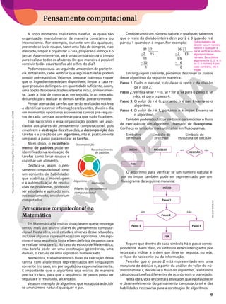 Reprodução
proibida.
Art.184
do
Código
Penal
e
Lei
9.610
de
19
de
fevereiro
de
1998.
9
Pensamento computacional
A todo momento realizamos tarefas, as quais são
organizadas mentalmente de maneira consciente ou
inconsciente. Por exemplo, durante um dia qualquer,
pretende-se lavar roupas, fazer uma lista de compras, ir ao
mercado, limpar e organizar a casa, preparar o almoço e o
jantar. Aparentemente, será uma corrida contra o tempo
para realizar todos os afazeres. De que maneira é possível
concluir todas essas tarefas até o fim do dia?
Podemos executá-las seguindo uma ordem de preferên-
cia. Entretanto, cabe lembrar que algumas tarefas podem
possuir pré-requisitos. Vejamos: preparar o almoço requer
que os ingredientes estejam disponíveis; limpar a casa re-
quer produtos de limpeza em quantidade suficiente. Assim,
uma opção de ordenação dessas tarefas inclui, primeiramen-
te, fazer a lista de compras e, em seguida, ir ao mercado,
deixando para realizar as demais tarefas posteriormente.
Pensar acerca das tarefas que serão realizadas nos leva
a identificar e extrair informações relevantes, dividir o dia
em momentos oportunos e coerentes com os pré-requisi-
tos de cada tarefa e as ordenar para que tudo flua bem.
Esse raciocínio e essa organização podem ser asso-
ciados aos pilares do pensamento computacional, pois
envolvem a abstração das situações, a decomposição das
tarefas e a criação de um algoritmo, isto é, praticamente
um passo a passo para realizar as tarefas.
Além disso, o reconheci-
mento de padrões pode ser
identificado na realização de
tarefas como lavar roupas e
cozinhar um alimento.
Destaca-se, assim, o pen-
samento computacional como
um conjunto de habilidades
que viabiliza a modelagem
e a automatização de resolu-
ções de problemas, podendo
ser estudado e aplicado sem,
necessariamente, envolver um
computador.
Pensamento computacional e a
Matemática
Em Matemática há muitas situações em que se emprega
um ou mais dos quatro pilares do pensamento computa-
cional. Nesta obra, você estudará diversas dessas situações,
inclusive algumas representadas com algoritmos. Um algo-
ritmo é uma sequência finita e bem definida de passos para
se realizar uma tarefa. No caso do estudo de Matemática,
essa tarefa pode ser uma construção geométrica, uma
divisão, o cálculo de uma expressão numérica etc.
Nesta obra, trabalharemos o fluxo da execução dessa
tarefa com algoritmos representados em linguagem
corrente (no caso, em português) ou esquematicamente.
É importante que o algoritmo seja escrito de maneira
precisa e clara, para que a sequência de passos possa ser
seguida e o resultado, alcançado.
Veja um exemplo de algoritmo que nos ajuda a decidir
se um número natural qualquer é par.
O algoritmo para verificar se um número natural é
par ou ímpar também pode ser representado por um
fluxograma da seguinte maneira:
Repare que dentro de cada símbolo há o passo corres-
pondente. Além disso, os símbolos estão interligados por
setas para indicar a ordem que deve ser seguida, ou seja,
o fluxo do raciocínio ou da informação.
Perceba que o passo 2 está representado em uma
estrutura de decisão e, a partir da análise do valor do nú-
mero natural r, decide-se o fluxo do algoritmo, realizando
cálculos ou tarefas diferentes de acordo com o planejado.
Nesta obra, você encontrará atividades que irão favorecer
o desenvolvimento do pensamento computacional e das
habilidades necessárias para a construção de algoritmos.
INÍCIO
FIM
sim não
Passo 1
Passo 2
Passo 3 Passo 4
Considerando um número natural n qualquer, sabemos
que o resto da divisão inteira de n por 2 é 0 quando n é
par ou 1 quando n é ímpar. Por exemplo:
31
22
11
210
1
2
15
26
22
06
2 6
0
2
13
Em linguagem corrente, podemos descrever os passos
desse algoritmo da seguinte maneira:
Passo 1. Dado n natural, calcula-se o resto r da divisão
de n por 2.
Passo 2. Verifica-se se r 5 0. Se r for 0, vá para o passo 3; se
não, vá para o passo 4.
Passo 3. O valor de r é 0, portanto n é par. Encerra-se o
algoritmo.
Passo 4. O valor de r é 1, portanto n é ímpar. Encerra-se
o algoritmo.
Também podemos utilizar símbolos para mostrar o fluxo
de execução de um algoritmo, chamado de fluxograma.
Conheça os símbolos mais utilizados em fluxogramas.
Outra maneira de
decidir se um número
natural n qualquer é
par é verificar o último
algarismo desse
número. Se o último
algarismo for 0, 2, 4, 6
ou 8, o número é par;
caso contrário, ele é
ímpar.
INÍCIO
FIM
PROCESSO
Símbolos
terminais
Símbolo de
processo
Símbolo de
estrutura de decisão
sim
DECISÃO
Decomposição
Reconhecimento
de padrões
Abstração
Algoritmo
Pilares do pensamento
computacional.
não
NELSON
MATSUDA
 