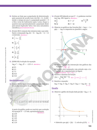 Reprodução
proibida.
Art.184
do
Código
Penal
e
Lei
9.610
de
19
de
fevereiro
de
1998.
103
0
21
1
1 2 x
y
g
f
15. Observe os gráficos das funções f(x) 5 log x 1 1 e
g(x) 5 2log x e responda às questões a seguir.
a) Qual é o ponto de intersecção dos gráficos das
funções?
b) Escreva uma inequação cuja solução seja o in-
tervalo de x representado na figura.
16. Escreva o domínio da função:
f x x
5 2
( ) log (2 1)
1
3
17. Resolva a equação:
log2 3 8 log3 4 8 log4 5 8 log5 6 8 log6 x 5 log4 (2x 2 1)
Desafio
18. Observe o gráfico da função dada por f(x) 5loga x 1 k.






10
10
, 1
2
Resposta possível: 2log x  log x 1 1
D( )
1
2
1
f x x
5 Ñ R , 
o
{ }
S 5 {1}
x
y
2
1
1 5
0
A partir do gráfico, pode-se concluir que a solução
da equação 9x
5 15 vale, aproximadamente:
a) 2,50
b) 1,65
c) 1,45
d) 1,25
e) 1,10
alternativa d
0
0,5
1
2
1
20,5
1,5
2
2,5
x
y
1 2 3 4 5 6 7 8 9 10 11 12 13 14 15 16 17 18 19 20
14. (Fuvest-SP) Sabendo-se que 5p
5 2, podemos concluir
que log2 100 é igual a:
a)
2
p
b) 2p
c) 2 1 p2
d) 2 1 2p
e)
1
2 2p
p
alternativa e
10. Estima-se hoje que a população de determinado
país aumente de acordo com a lei P(t) 5 P0 8 (1,02)t
,
sendo t o tempo em ano, P0 a população quando t 5 0
e P(t) o total de habitantes após t anos. Daqui a
quantos anos aproximadamente a população desse
país estará duplicada? (Dica: Use uma calculadora
científica.)
11. (Fuvest-SP) O conjunto dos números reais x que satis-
fazem a inequação log2 (2x 1 5) 2 log2 (3x 2 1) . 1 é
o intervalo:
a) 





, 5
2
2Ü 2
b) Ü






7
4
,
c) 2






5
2
, 0
d) 





1
3
, 7
4
e) 





0, 1
3
12. (ESPM-SP) A solução da equação
1 5 2
log log 2,25
2
2
4
x x é:
a) 0,5
b) 3,5
c) 7,5
d) 10,5
e) 13,5
Aprofundamento
13. (Insper-SP) Na figura abaixo, está representada, fora
de escala, uma parte do gráfico y 5 log3 x.
aproximadamente 35 anos
alternativa d
alternativa a
ILUSTRAÇÕES:
ADILSON
SECCO
• Sabendo que g(x) 5 f(x) 2 2, calcule g(125). 23
 