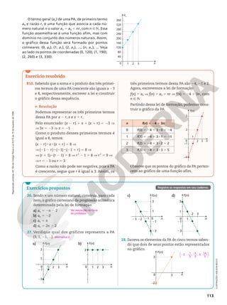 Reprodução
proibida.
Art.184
do
Código
Penal
e
Lei
9.610
de
19
de
fevereiro
de
1998.
113
28. Escreva os elementos da PA de cinco termos saben-
do que dois de seus pontos estão representados
no gráfico.
–2
0 3
3
f(n)
n
ILUSTRAÇÕES:
ADILSON
SECCO
f(n)
n
3
1
0
21
23
1 2 3
a) f(n)
n
3
0 1 2 3
b)
f(n)
n
3
1
0
21
23
21
22
23
c) f(n)
n
3
1
0
21
23
1
2 3
d)
2 2
2,
1
3
4
3
3,
14
3
, ,






26. Sendo n um número natural, construa, para cada
item, o gráfico cartesiano da progressão aritmética
determinada pela lei de formação:
a) an 5 2n 2 2
b) an 5 22
c) an 5 n
d) an 5 2n 2 2
27. Verifique qual dos gráficos representa a PA
(3, 1, 21, ...). alternativa d
Exercício resolvido
R10. Sabendo que a soma e o produto dos três primei-
ros termos de uma PA crescente são iguais a 23
e 8, respectivamente, escrever a lei e construir
o gráfico dessa sequência.
Resolução
Podemos representar os três primeiros termos
dessa PA por x 2 r, x e x 1 r.
Pelo enunciado: (x 2 r) 1 x 1 (x 1 r) 5 23 V
V 3x 5 23 V x 5 21
Como o produto desses primeiros termos é
igual a 8, temos:
(x 2 r) 8 x 8 (x 1 r) 5 8 V
V (21 2 r) 8 (21) 8 (21 1 r) 5 8 V
V (r 1 1) 8 (r 2 1) 5 8 V r2
2 1 5 8 V r2
5 9 V
V r 5 23 ou r 5 3
Como a razão não pode ser negativa, pois a PA
é crescente, segue que r é igual a 3. Assim, os
Exercícios propostos Registre as respostas em seu caderno.
três primeiros termos dessa PA são 24, 21 e 2.
Agora, escrevemos a lei de formação:
f(n) 5 an V f(n) 5 a0 1 nr V f(n) 5 24 1 3n, com
n Ñ N
Partindo dessa lei de formação, podemos cons-
truir o gráfico da PA.
n f(n) 5 24 1 3n
0 f(0) 5 24 1 3 8 0 5 24
1 f(1) 5 24 1 3 8 1 5 21
2 f(2) 5 24 1 3 8 2 5 2
3 f(3) 5 24 1 3 8 3 5 5
Observe que os pontos do gráfico da PA perten-
cem ao gráfico de uma função afim.
f(n)
n
3
2
1
0
–1
2
5
–4
Ver resolução no Guia
do professor.
an
n
360
320
280
240
200
160
120
80
40
0 1 2 3
O termo geral (an) de uma PA, de primeiro termo
a0 e razão r, é uma função que associa a cada nú-
mero natural n o valor an 5 a0 1 nr, com n Ñ N. Essa
função assemelha-se a uma função afim, mas com
domínio no conjunto dos números naturais. Assim,
o gráfico dessa função será formado por pontos
colineares: (0, a0), (1, a1), (2, a2), ..., (n, an ), ... Veja
ao lado os pontos de coordenadas (0, 120), (1, 190),
(2, 260) e (3, 330).
 