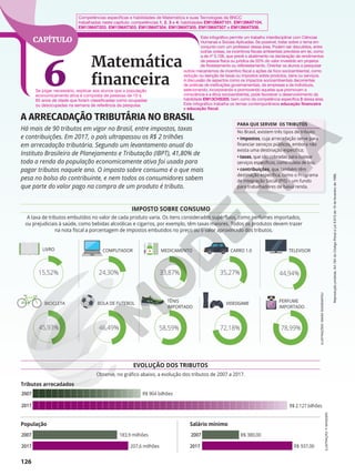 Reprodução
proibida.
Art.184
do
Código
Penal
e
Lei
9.610
de
19
de
fevereiro
de
1998.
126
CAPÍTULO
6
Matemática
financeira
CAPÍTULO
A ARRECADAÇÃO TRIBUTÁRIA NO BRASIL
Há mais de 90 tributos em vigor no Brasil, entre impostos, taxas
e contribuições. Em 2017, o país ultrapassou os R$ 2 trilhões
em arrecadação tributária. Segundo um levantamento anual do
Instituto Brasileiro de Planejamento e Tributação (IBPT), 41,80% de
toda a renda da população economicamente ativa foi usada para
pagar tributos naquele ano. O imposto sobre consumo é o que mais
pesa no bolso do contribuinte, e nem todos os consumidores sabem
que parte do valor pago na compra de um produto é tributo.
A taxa de tributos embutidos no valor de cada produto varia. Os itens considerados supérfluos, como perfumes importados,
ou prejudiciais à saúde, como bebidas alcoólicas e cigarros, por exemplo, têm taxas maiores. Todos os produtos devem trazer
na nota fiscal a porcentagem de impostos embutidos no preço ou o valor aproximado dos tributos.
Observe, no gráfico abaixo, a evolução dos tributos de 2007 a 2017.
LIVRO
BICICLETA
Salário mínimo
População
2007 2007 R$ 380,00
2017 2017 R$ 937,00
Tributos arrecadados
R$ 904 bilhões
2007
R$ 2.127 bilhões
2017
45,93%
15,52%
TELEVISOR
44,94%
78,99%
VIDEOGAME
CARRO 1.0
35,27%
72,18%
MEDICAMENTO
TÊNIS
IMPORTADO
33,87%
58,59%
COMPUTADOR
BOLA DE FUTEBOL
24,30%
46,49%
ILUSTRAÇÕES:
MAISA
SHIGEMATSU
ILUSTRAÇÃO:
P.
MANZIERI
PARA QUE SERVEM OS TRIBUTOS
No Brasil, existem três tipos de tributo:
• impostos, cuja arrecadação serve para
financiar serviços públicos, embora não
exista uma destinação específica;
• taxas, que são cobradas para custear
serviços específicos, como coleta de lixo;
• contribuições, que também têm
destinação específica, como o Programa
de Integração Social (PIS) – um fundo
para trabalhadores de baixa renda.
Se julgar necessário, explicar aos alunos que a população
economicamente ativa é composta de pessoas de 10 a
65 anos de idade que foram classificadas como ocupadas
ou desocupadas na semana de referência da pesquisa.
Este infográfico permite um trabalho interdisciplinar com Ciências
Humanas e Sociais Aplicadas. Se possível, tratar sobre o tema em
conjunto com um professor dessa área. Podem ser discutidos, entre
outras coisas, os incentivos fiscais ambientais previstos em lei, como
a de no
5.106, que prevê o abatimento na declaração de rendimentos
de pessoa física ou jurídica de 20% do valor investido em projetos
de florestamento ou reflorestamento. Orientar os alunos a pesquisar
Competências específicas e habilidades de Matemática e suas Tecnologias da BNCC
trabalhadas neste capítulo: competências 1, 2, 3 e 4; habilidades EM13MAT101, EM13MAT104,
EM13MAT203, EM13MAT303, EM13MAT304, EM13MAT305, EM13MAT507 e EM13MAT508.
IMPOSTO SOBRE CONSUMO
EVOLUÇÃO DOS TRIBUTOS
183,9 milhões
207,6 milhões
PERFUME
IMPORTADO
outros mecanismos de incentivo fiscal a ações de foco socioambiental, como
redução ou isenção de taxas ou impostos sobre produtos, bens ou serviços.
A discussão de aspectos como os impactos socioambientais decorrentes
de práticas de instituições governamentais, de empresas e de indivíduos,
selecionando, incorporando e promovendo aquelas que promovam a
consciência e a ética socioambiental, pode favorecer o desenvolvimento da
habilidade EM13CHS305, bem como da competência específica 3 dessa área.
Este infográfico trabalha os temas contemporâneos educação financeira
e educação fiscal.
 