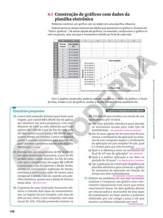 140
Reprodução
proibida.
Art.184
do
Código
Penal
e
Lei
9.610
de
19
de
fevereiro
de
1998.
4.1 Construção de gráficos com dados da
planilha eletrônica
Podemos construir um gráfico com os dados em uma planilha. Observe.
Selecionamos as células relativas aos dados que queremos no gráfico e clicamos em
“Inserir gráficos”. Há várias opções de gráficos; no exemplo, construímos o gráfico só
com os pontos, uma vez que o montante é obtido ao final de cada mês.
Registre as respostas em seu caderno.
R$ 150.000,00 que recebeu na venda de um
apartamento por 10 anos.
a) Use uma planilha eletrônica para simular
os montantes anuais para cada tipo de
investimento.
b) Em 10 anos, apesar de ter uma taxa de juro
menor, o rendimento da aplicação no siste‑
ma de juro composto supera o rendimento
da aplicação em juro simples? Se sim, qual
é o tempo para que isso aconteça?
c) Qual é a diferença entre os montantes ao
final do 10o
ano de aplicação?
d) Qual é a melhor aplicação a ser feita no
período de 10 anos?
e) Use a aplicação de construção de gráficos da
planilha eletrônica para construir o gráfico
do montante da aplicação em função do
tempo nos dois investimentos.
37. Elabore um problema em que seja necessário
analisar e comparar um gráfico com cres‑
cimento exponencial com outro que tenha
crescimento linear. Os dois gráficos devem
ser relacionados a montantes de dois tipos
de investimento. Ao final, resolva o problema
elaborado por um colega e peça a ele que
resolva o problema elaborado por você.
Ver resolução no Guia do professor.
sim; cinco anos
R$ 156.833,66
a do regime de juro composto
Ver resolução no Guia do professor.
resposta pessoal
Exercícios propostos
34. Luana está juntando dinheiro para fazer uma
viagem, que custará R$ 4.200,00. Ela vai aplicar
seu dinheiro em uma poupança, com ren‑
dimento de 0,6% ao mês. Sabendo que hoje
aplicou R$ 1.000,00 e que ao fim de cada mês
ela depositará na poupança R$ 200,00, após
quanto tempo, no mínimo, Luana conseguirá
juntar a quantia necessária para fazer a via‑
gem? (Resolva o problema usando uma planilha
eletrônica.)
35. Everton fez um empréstimo de R$ 50.000,00
em uma instituição financeira, a juro de 8%
ao mês sobre o saldo devedor. Ao fim de cada
mês após o empréstimo, ele pagou R$ 3.000,00
à instituição, a fim de diminuir a dívida. Porém,
devido ao crescimento acelerado da dívida,
contatou a instituição, após 38 meses, para
renegociar a dívida. Calcule, usando uma pla‑
nilha eletrônica, quanto era a dívida de Everton
nessa data.
36. O gerente de uma instituição financeira ofe‑
receu a Cláudia dois tipos de investimento:
um, no regime de juro simples, com taxa de
20% ao ano; outro, a juro composto, com taxa
anual de 15%. Cláudia pretende investir os
15 meses
R$ 270.315,95
Com o gráfico construído, pode‑se compor ou alterar o título do gráfico, o título
do eixo, mudar a cor do gráfico, mudar a escala, compor linhas auxiliares etc.
2
1
C D E F G
3
4
2
5
6
7
8
9
10
11
12
13
14
15
16
17
18
Período
(meses)
Juro simples
2%
1
0 R$ 35.000,00
R$ 35.700,00
R$ 36.400,00
R$ 37.100,00
R$ 37.800,00
R$ 38.500,00
R$ 39.200,00
R$ 39.900,00
R$ 40.600,00
R$ 41.300,00
R$ 42.000,00
2
3
5
4
6
7
9
8
10
A B
5
4
3
2
1
10
9
12
11
8
7
6 Juro simples
R$ 35.000,00
R$ 36.000,00
R$ 37.000,00
R$ 38.000,00
R$ 39.000,00
R$ 40.000,00
R$ 41.000,00
R$ 42.000,00
R$ 43.000,00
R$ 34.000,00
Montante
0 2 4 6 8 10 12
Tempo (mês)
NELSON
MATSUDA
 