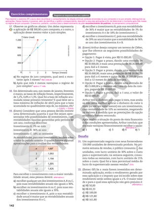 Reprodução
proibida.
Art.184
do
Código
Penal
e
Lei
9.610
de
19
de
fevereiro
de
1998.
142
Exercícios complementares Registre as respostas em seu caderno.
17. Observe os gráficos abaixo. Um deles representa
a aplicação de R$ 300,00 a juro composto, e o outro, a
aplicação desse mesmo valor a juro simples.
Valor (real)
300
600
900
1.200
0 1 2 3 Tempo (meses)
a) No regime de juro composto, qual será o mon‑
tante após 3 meses?
b) Após que mês é menos vantajoso o regime de
juro simples?
18. Em determinado ano, nos meses de janeiro, fevereiro
e março, as taxas de inflação foram, respectivamente,
de 1,2%, 0,8% e 1,3%. Qual foi a taxa de inflação acu‑
mulada nesse primeiro trimestre? E qual deve ser a
taxa máxima de inflação de abril para que a taxa
acumulada no quadrimestre seja de, no máximo, 4%?
19. (Enem) Considere que uma pessoa decida investir
uma determinada quantia e que lhe sejam apre‑
sentadas três possibilidades de investimento, com
rentabilidades líquidas garantidas pelo período de
um ano, conforme descritas:
Investimento A: 3% ao mês
Investimento B: 36% ao ano
Investimento C: 18% ao semestre
As rentabilidades, para esse investimento, incidem sobre
o valor do período anterior. O quadro fornece algumas
aproximações para a análise das rentabilidades:
n 1,03n
3 1,093
6 1,194
9 1,305
12 1,426
Para escolher o investimento com a maior rentabi‑
lidade anual, essa pessoa deverá:
a) escolher qualquer um dos investimentosA,B ou C,
pois suas rentabilidades anuais são iguais a 36%.
b) escolher os investimentos A ou C, pois suas ren‑
tabilidades anuais são iguais a 39%.
c) escolher o investimento A, pois a sua rentabili‑
dade anual é maior que as rentabilidades anuais
dos investimentos B e C.
ADILSON
SECCO
R$ 2.400,00
após o 1o
mês
q 3,34%; q 0,64%
alternativa c
d) escolher o investimento B, pois sua rentabilidade
de 36% é maior que as rentabilidades de 3% do
investimento A e de 18% do investimento C.
e) escolher o investimento C, pois sua rentabilidade
de 39% ao ano é maior que a rentabilidade de 36%
ao ano dos investimentos A e B.
20. (Enem) Arthur deseja comprar um terreno de Cléber,
que lhe oferece as seguintes possibilidades de
pagamento:
• Opção 1: Pagar à vista, por R$ 55.000,00.
• Opção 2: Pagar a prazo, dando uma entrada de
R$ 30.000,00, e mais uma prestação de R$ 26.000,00
para dali a 6 meses.
• Opção 3: Pagar a prazo, dando uma entrada de
R$ 20.000,00, mais uma prestação de R$ 20.000,00
para dali a 6 meses e outra de R$ 18.000,00 para
dali a 12 meses da data da compra.
• Opção 4: Pagar a prazo, dando uma entrada de
R$ 15.000,00 e o restante em 1 ano da data da com‑
pra, pagando R$ 39.000,00.
• Opção 5: Pagar a prazo, dali a 1 ano, o valor de
R$ 60.000,00.
Arthur tem o dinheiro para pagar à vista, mas avalia
se não seria melhor aplicar o dinheiro do valor à
vista (ou até um valor menor) em um investimento,
com rentabilidade de 10% ao semestre, resgatando
os valores à medida que as prestações da opção
escolhida fossem vencendo.
Após avaliar a situação do ponto de vista financeiro
e das condições apresentadas, Arthur concluiu que
era mais vantajoso financeiramente escolher a opção:
a) 1 b) 2 c) 3 d) 4 e) 5
Desafio
21. Um supermercado negocia com seus fornecedores
150.000 unidades de determinado produto. Na pri‑
meira semana de vendas, o público consumiu 2
3
das
unidades, com lucro unitário de 30% sobre o custo
para o supermercado; na semana seguinte, consu‑
miu todas as restantes, com lucro unitário de 15%
sobre o custo. Qual foi a taxa percentual média do
lucro do supermercado nessas vendas?
22. (Ibmec‑SP) Se x reais forem investidos em deter‑
minada aplicação, então o rendimento gerado por
essa aplicação e o imposto que irá incidir sobre esse
rendimento serão ambos iguais a x%. O maior valor
de x para o qual essa aplicação não gera prejuízo é:
a) R$ 50,00
b) R$ 83,33
c) R$ 100,00
d) R$ 125,80
e) R$ 161,80
alternativa d
25%
alternativa c
Para resolver o exercício 17 o aluno deve reconhecer o comportamento da relação entre as variáveis envolvidas no juro composto e no juro simples, distinguindo as
aplicações. Dessa maneira, é possível, além de identificar o gráfico correspondente, descobrir a taxa das aplicações a fim de determinar o montante após três meses
no regime de juro composto. O exercício, portanto, contribui para o desenvolvimento do pilar reconhecimento de padrões, do pensamento computacional.
 
