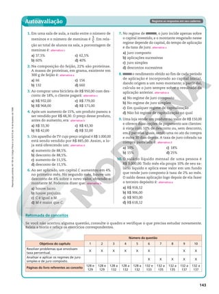 Reprodução
proibida.
Art.184
do
Código
Penal
e
Lei
9.610
de
19
de
fevereiro
de
1998.
143
Autoavaliação Registre as respostas em seu caderno.
7. No regime de , o juro incide apenas sobre
o capital investido, e o montante resgatado nesse
regime depende do capital, do tempo de aplicação
e da taxa de juro.
a) juro composto
b) aplicações sucessivas
c) juro simples
d) descontos sucessivos
8. o rendimento obtido ao fim de cada período
de aplicação é incorporado ao capital inicial,
dando origem a um novo montante; a partir daí,
calcula‑se o juro sempre sobre o resultado da
aplicação anterior.
a) No regime de juro composto
b) No regime de juro simples
c) Em qualquer regime de capitalização
d) Não há regime de capitalização no qual
9. Uma loja vende um produto no valor de R$ 150,00
e oferece duas opções de pagamento aos clientes:
à vista com 10% de desconto ou, sem desconto,
em 2 parcelas iguais, sendo uma no ato da compra
e outra 30 dias depois. A taxa de juro cobrada na
compra parcelada é:
a) 10%
b) 15%
c) 18%
d) 25%
10. O salário líquido mensal de uma pessoa é
R$ 3.000,00. Todo mês ela poupa 10% de seu sa‑
lário líquido e aplica esse valor em um fundo
que rende juro composto à taxa de 2% ao mês.
O saldo dessa aplicação logo depois de ela fazer
o terceiro depósito é:
a) R$ 918,12
b) R$ 906,00
c) R$ 903,00
d) R$ 618,12
alternativa c
alternativa a
alternativa d
alternativa a
Retomada de conceitos
Se você não acertou alguma questão, consulte o quadro e verifique o que precisa estudar novamente.
Releia a teoria e refaça os exercícios correspondentes.
1. Em uma sala de aula, a razão entre o número de
meninos e o número de meninas é
3
5
. Em rela‑
ção ao total de alunos na sala, a porcentagem de
meninas é:
a) 37,5%
b) 60%
c) 62,5%
d) 40%
2. Na composição do feijão, 22% são proteínas.
A massa de proteínas, em grama, existente em
300 g de feijão é:
a) 66
b) 132
c) 156
d) 660
3. Ao comprar uma bicicleta de R$ 950,00 com des‑
conto de 18%, o cliente pagará:
a) R$ 932,00
b) R$ 968,00
c) R$ 779,00
d) R$ 171,00
4. Após um aumento de 15%, um produto passou a
ser vendido por R$ 48,30. O preço desse produto,
antes do aumento, era:
a) R$ 33,30
b) R$ 42,00
c) R$ 43,30
d) R$ 32,00
5. Um aparelho de TV cujo preço original é R$ 1.000,00
está sendo vendido por R$ 885,00. Assim, a lo‑
ja está oferecendo um:
a) aumento de 88,5%.
b) desconto de 88,5%.
c) aumento de 11,5%.
d) desconto de 11,5%.
6. Ao ser aplicado, um capital C aumentou em 4%
no primeiro mês. No segundo mês, houve um
desconto de 4% sobre o novo valor, obtendo o
montante M. Podemos dizer que:
a) houve lucro.
b) houve prejuízo.
c) C é igual a M.
d) M é maior que C.
alternativa c
alternativa a
alternativa c
alternativa b
alternativa d
alternativa b
Número da questão
Objetivos do capítulo 1 2 3 4 5 6 7 8 9 10
Resolver problemas que envolvam
taxa percentual.
X X X X X X X X
Analisar e aplicar os regimes de juro
simples e de juro composto.
X X X X X
Páginas do livro referentes ao conceito
128 e
129
128 e
129
128 a
132
128 a
132
128 a
132
132 e
133
132 a
135
132 a
135
132 a
137
132 a
137
 