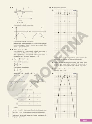 LXIII
8. a) y
x
V(–15, –10)
vértice
–15
–10
–10
–20
Concavidade voltada para cima.
b) y
x
–4
ou
y
x
–4
Concavidade voltada para baixo.
Observe que, como passa por (0, 24), se a concavidade
fosse voltada para cima, a função apresentaria dois
zeros, o que não é o caso.
9. a) f(x) 5 kx2
2 2x 1 10
Para o gráfico ter a concavidade voltada para cima, o
coeficiente de x2
deve ser positivo: k . 0
Para o gráfico ter a concavidade voltada para baixo, o
coeficiente de x2
deve ser negativo: k , 0
b) f x
k
k
x
( )
5
1
20
5
2
1
2






2
Concavidade para cima:
k
k
5
1
0
2
1
.
Concavidade para baixo:
k
k
5
1
0
2
1
,
Sejam h(k) 5 k 2 5 e g(k) 5 k 1 1.
x
5
–
+
x
–1
–
+
Sinal de h Sinal de g
Quadro de sinais
g
h
–1 5
–
–
+
–
+
–
+
+
+
h
g
––
Então:
• se k , 21 ou k . 5, a concavidade é voltada para cima;
• se 21 , k , 5, a concavidade é voltada para baixo.
Comentário: No item b, pode­se retomar o conceito de
inequação­quociente.
ILUSTRAÇÕES:
ADILSON
SECCO
10. a) Respostas pessoais.
b) y
1
0
21
24
29
216
2 3 4
21
22
23
24 x
Espera­se que os alunos percebam que os pontos são
simétricos em relação ao eixo das ordenadas.
c) Espera­se que os alunos percebam que existe uma
parábola que passa pelos pontos. O vértice seria o
ponto (0, 0) e a concavidade seria voltada para baixo.
d) g(1) 5 21 V a 8 12
5 21 V a 5 21
Portanto, g(x) 5 2x2
.
e) y
1
0
21
24
29
216
2 3 4
21
22
23
24 x
NELSON
MATSUDA
NELSON
MATSUDA
 