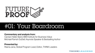 #01: Your Boardroom
Commentary and analysis from:
Carolyn Heller Baird, IBM Institute for Business Value
Michael Parrish DuDell, Keynote Speaker & Bestselling Author
Presented by:
Reena Jana, Global Program Lead, Editor, THINK Leaders
 