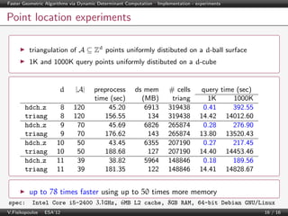 Faster Geometric Algorithms via Dynamic Determinant Computation | Implementation - experiments

Point location experiments
triangulation of A ⊆ Zd points uniformly distibuted on a d-ball surface
1K and 1000K query points uniformly distibuted on a d-cube

d
hdch z
triang
hdch z
triang
hdch z
triang
hdch z
triang

|A|

8
8
9
9
10
10
11
11

120
120
70
70
50
50
39
39

preprocess
time (sec)
45.20
156.55
45.69
176.62
43.45
188.68
38.82
181.35

ds mem
(MB)
6913
134
6826
143
6355
127
5964
122

# cells
triang
319438
319438
265874
265874
207190
207190
148846
148846

query time (sec)
1K
1000K
0.41
392.55
14.42 14012.60
0.28
276.90
13.80 13520.43
0.27
217.45
14.40 14453.46
0.18
189.56
14.41 14828.67

up to 78 times faster using up to 50 times more memory
spec:

Intel Core i5-2400 3.1GHz, 6MB L2 cache, 8GB RAM, 64-bit Debian GNU/Linux

V.Fisikopoulos | ESA’12

16 / 16

 