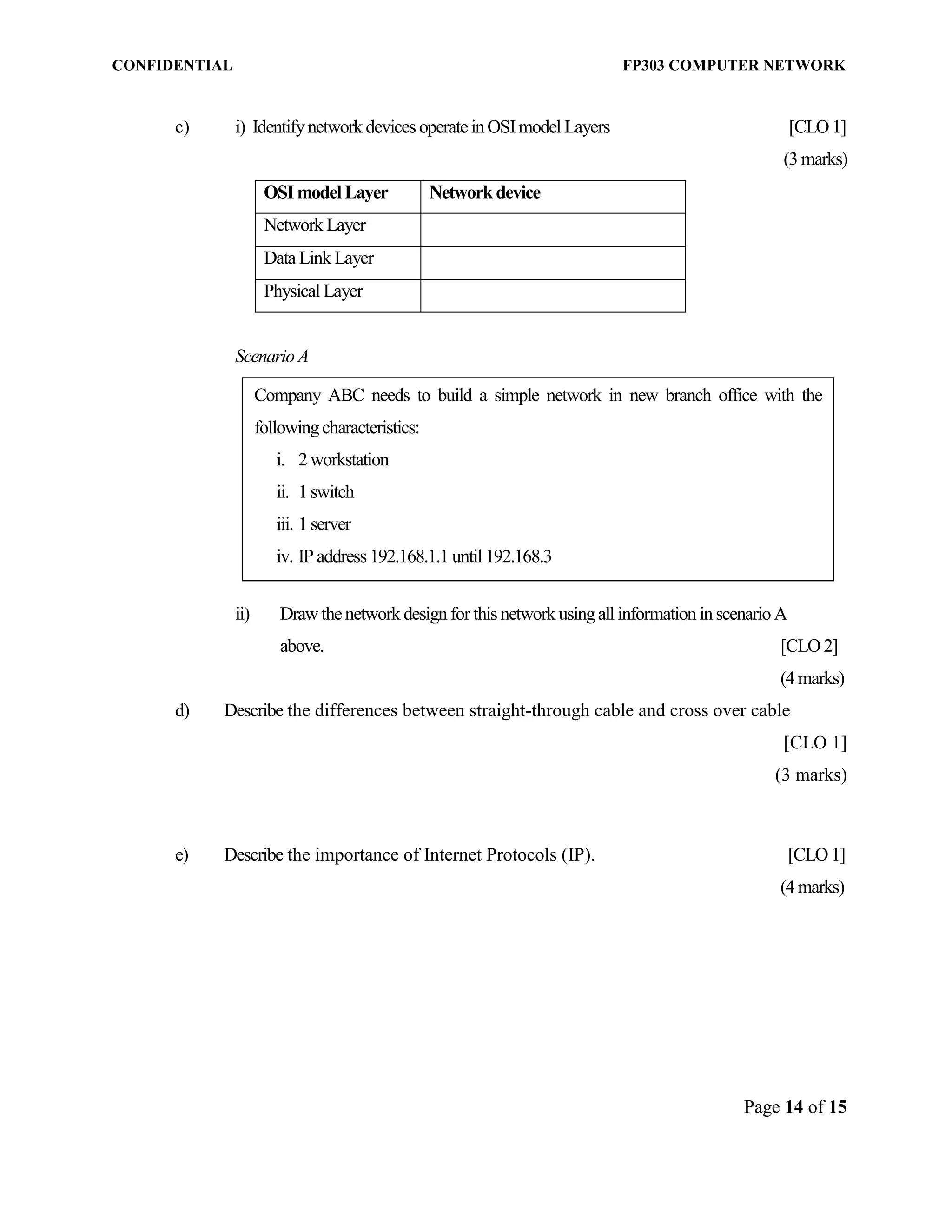CONFIDENTIAL FP303 COMPUTER NETWORK 
Page 14 of 15 
c) i) Identify network devices operate in OSI model Layers [CLO 1] 
(3 marks) 
OSI model Layer 
Network device 
Network Layer 
Data Link Layer 
Physical Layer 
Scenario A 
ii) Draw the network design for this network using all information in scenario A 
above. [CLO 2] 
(4 marks) 
d) Describe the differences between straight-through cable and cross over cable 
[CLO 1] 
(3 marks) 
e) Describe the importance of Internet Protocols (IP). [CLO 1] (4 marks) 
Company ABC needs to build a simple network in new branch office with the following characteristics: 
i. 2 workstation 
ii. 1 switch 
iii. 1 server 
iv. IP address 192.168.1.1 until 192.168.3 
 