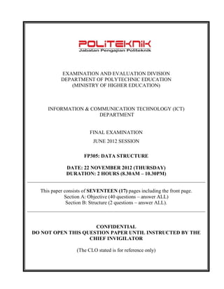 EXAMINATION AND EVALUATION DIVISION 
DEPARTMENT OF POLYTECHNIC EDUCATION 
(MINISTRY OF HIGHER EDUCATION) 
INFORMATION & COMMUNICATION TECHNOLOGY (ICT) 
DEPARTMENT 
FINAL EXAMINATION 
JUNE 2012 SESSION 
FP305: DATA STRUCTURE 
DATE: 22 NOVEMBER 2012 (THURSDAY) 
DURATION: 2 HOURS (8.30AM – 10.30PM) 
This paper consists of SEVENTEEN (17) pages including the front page. 
Section A: Objective (40 questions – answer ALL) 
Section B: Structure (2 questions – answer ALL). 
CONFIDENTIAL 
DO NOT OPEN THIS QUESTION PAPER UNTIL INSTRUCTED BY THE CHIEF INVIGILATOR 
(The CLO stated is for reference only) 
 