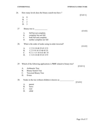 CONFIDENTIAL FP305 DATA STRUCTURE 
Page 10 of 17 
26. 
How many levels does the binary search tree have ? 
[CLO 1] 
A. 
0 
B. 
1 
C. 
2 
D. 
3 
27 Binary tree is _____________ 
[CLO2] 
A. full but not complete. 
B. complete but not full. 
C. both full and complete 
D. neither complete nor full 
28. What is the order of nodes using in-order traversal? 
[CLO2] 
A. 1 2 3 8 10 40 55 43 15 9 
B. 1 2 3 9 8 10 15 40 43 55 
C. 9 2 1 3 15 10 8 43 40 55 
D. 1 3 2 8 10 40 55 43 15 9 
29 
Which of the following applications is NOT related to binary tree? 
[CLO 1] 
A. 
Arithmetic Tree 
B. 
Binary Search Tree 
C. 
Traversal Binary Tree 
D. 
D-tree 
30. Nodes in the tree without children is known as ______________. 
[CLO1] 
A. parent 
B. leave 
C. root 
D. child  
