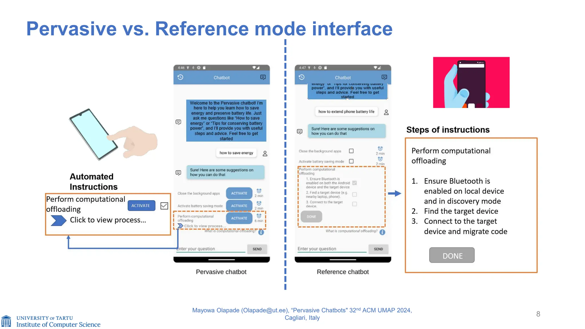 8
Pervasive vs. Reference mode interface
Mayowa Olapade (Olapade@ut.ee), “Pervasive Chatbots" 32nd ACM UMAP 2024,
Cagliari, Italy
 