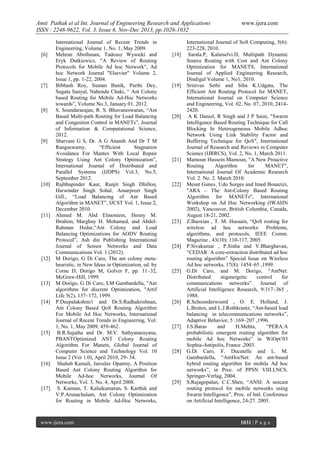 Amit Pathak et al Int. Journal of Engineering Research and Applications
ISSN : 2248-9622, Vol. 3, Issue 6, Nov-Dec 2013, pp.1026-1032

[6]

[7]

[8]

[9]

[10]

[11]

[12]

[13]

[14]

[15]

[16]

[17]

International Journal of Recent Trends in
Engineering, Volume 1, No. 1, May 2009.
Mehran Abolhasan, Tadeusz Wysocki and
Eryk Dutkiewicz, "A Review of Routing
Protocols for Mobile Ad hoc Network", Ad
hoc Network Journal "Elsevier" Volume 2,
Issue 1, pp. 1-22, 2004.
Bibhash Roy, Suman Banik, Parthi Dey,
Sugata Sanyal, Nabendu Chaki, “ Ant Colony
based Routing for Mobile Ad-Hoc Networks
towards”, Volume No.3, January 01, 2012.
S. Soundararajan, R. S. Bhuvaneswaran, “Ant
Based Multi-path Routing for Load Balancing
and Congestion Control in MANETs”, Journal
of Information & Computational Science,
2012.
Sharvani G S, Dr. A G Ananth And Dr T M
Rangaswamy,
“Efficient
Stagnation
Avoidance For Mantes With Local Repair
Strategy Using Ant Colony Optimization”,
International Journal of Distributed and
Parallel Systems (IJDPS) Vol.3, No.5,
September 2012.
Rajbhupinder Kaur, Ranjit Singh Dhillon,
Harwinder Singh Sohal, Amarpreet Singh
Gill., “Load Balancing of Ant Based
Algorithm in MANET”, IJCST Vol. 1, Issue 2,
December 2010.
Ahmed M. Abd Elmoniem, Hosny M.
Ibrahim, Marghny H. Mohamed, and AbdelRahman Hedar,“Ant Colony and Load
Balancing Optimizations for AODV Routing
Protocol”, Ash din Publishing International
Journal of Sensor Networks and Data
Communications Vol. 1 (2012).
M Dorigo, G Di Caro, The ant colony metaheuristic, in New Ideas in Optimization, ed. by
Corne D, Dorigo M, Golver F, pp. 11–32,
McGraw-Hill, 1999.
M Dorigo, G Di Caro, LM Gambardella, "Ant
algorithms for discrete Optimization, "Artif
Life 5(2), 137–172, 1999.
P.Deepalakshmi1 and Dr.S.Radhakrishnan,
Ant Colony Based QoS Routing Algorithm
For Mobile Ad Hoc Networks, International
Journal of Recent Trends in Engineering, Vol.
1, No. 1, May 2009, 459-462.
B.R.Sujatha and Dr. M.V. Sathyanarayana,
PBANTOptimized ANT Colony Routing
Algorithm For Manets, Global Journal of
Computer Science and Technology Vol. 10
Issue 2 (Ver 1.0), April 2010, 29- 34.
Shahab Kamali, Jaroslav Opatrny, A Position
Based Ant Colony Routing Algorithm for
Mobile Ad-hoc Networks, Journal Of
Networks, Vol. 3, No. 4, April 2008.
S. Kannan, T. Kalaikumaran, S. Karthik and
V.P.Arunachalam, Ant Colony Optimization
for Routing in Mobile Ad-Hoc Networks,

www.ijera.com

[18]

[19]

[20]

[21]

[22]

[23]

[24]

[25]

[26]

[27]

[28]

[29]

www.ijera.com

International Journal of Soft Computing, 5(6):
223-228, 2010.
Sarala.P, Kalaiselvi.D, Multipath Dynamic
Source Routing with Cost and Ant Colony
Optimization for MANETS, International
Journal of Applied Engineering Research,
Dindigul Volume 1, No1, 2010.
Srinivas Sethi and Siba K.Udgata, The
Efficient Ant Routing Protocol for MANET,
International Journal on Computer Science
and Engineering, Vol. 02, No. 07, 2010, 24142420.
A K Daniel, R Singh and J P Saini, "Swarm
Intelligence Based Routing Technique for Call
Blocking In Heterogeneous Mobile Adhoc
Network Using Link Stability Factor and
Buffering Technique for QoS", International
Journal of Research and Reviews in Computer
Science (IJRRCS), Vol. 2, No. 1, March 2011.
Mamoun Hussein Mamoun, "A New Proactive
Routing
Algorithm
for
MANET",
International Journal Of Academic Research
Vol. 2. No. 2. March 2010.
Mesut Gunes¸ Udo Sorges and Imed Bouazizi,
"ARA – The Ant-Colony Based Routing
Algorithm for MANETs", International
Workshop on Ad Hoc Networking (IWAHN
2002), Vancouver, British Columbia, Canada,
August 18-21, 2002.
Z.Baoxian , T. M. Hussain, “QoS routing for
wireless ad hoc networks: Problems,
algorithms, and protocols, IEEE Comm.
Magazine , 43(10): 110-117, 2005.
P.Sivakumar , P.Sinha and V.Bharghavan,
“CEDAR: A core-extraction distributed ad hoc
routing algorithm” Special Issue on Wireless
Ad hoc networks, 17(8): 1454–65 ,1999.
G.Di Caro, and M. Dorigo, “AntNet:
Distributed
stigmergetic
control
for
communications networks”. Journal of
Artificial Intelligence Research, 9:317–365 ,
1988.
R.Schoonderwoerd , O. E. Holland, J.
L.Bruten, and L.J.Rothkrantz, “Ant-based load
balancing in telecommunications networks”,
Adaptive Behavior, 5 :169–207 ,1996.
J.S.Baras
and
H.Mehta,
“PERA:A
probabilistic emergent routing algorithm for
mobile Ad hoc Networks” in WiOpt’03
Sophia-Antipolis, France ,2003.
G.Di Caro, F. Ducatelle and L. M.
Gambardella, “AntHocNet: An ant-based
hybrid routing algorithm for mobile Ad hoc
networks”, in Proc. of PPSN VIII.LNCS.
Springer-Verlag, 2004.
S.Rajagopalan, C.C.Shen, “ANSI: A unicast
routing protocol for mobile networks using
Swarm Intelligence”, Proc. of Intl. Conference
on Artificial Intelligence, 24-27. 2005.

1031 | P a g e

 