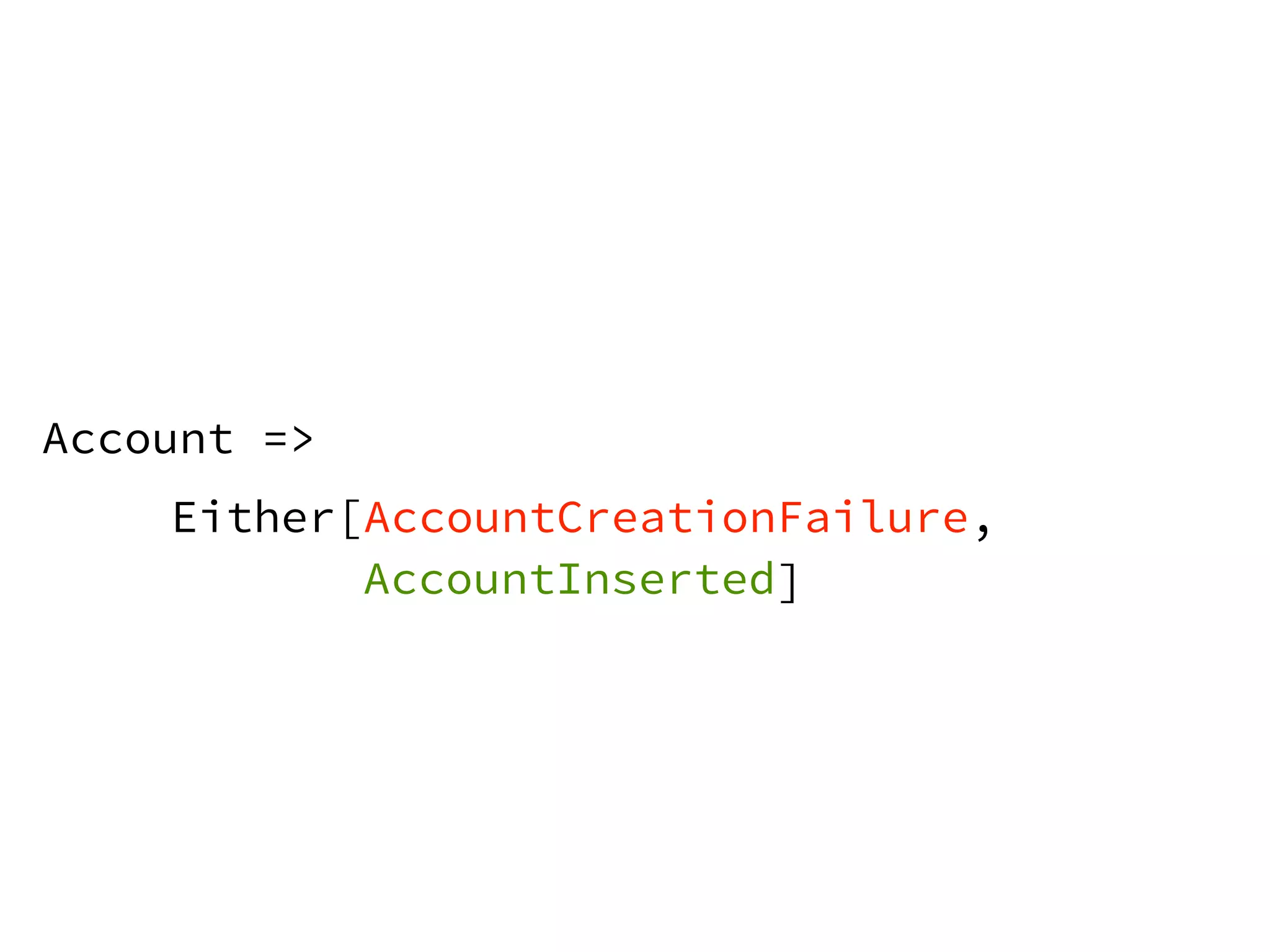 Either[AccountCreationFailure, 
] 
Account => 
AccountInserted 
 