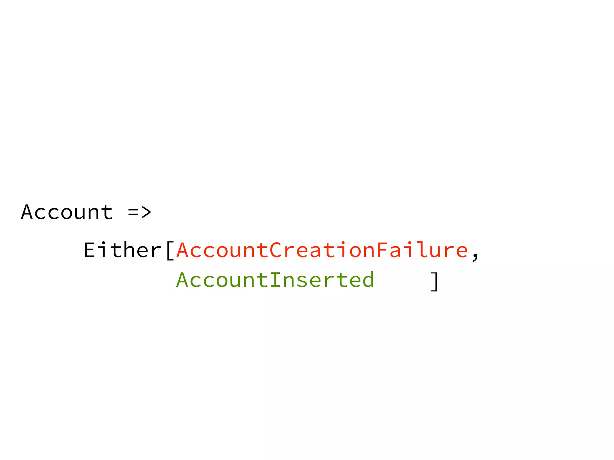 Either[AccountCreationFailure, 
] 
Account => 
AccountInserted 
 