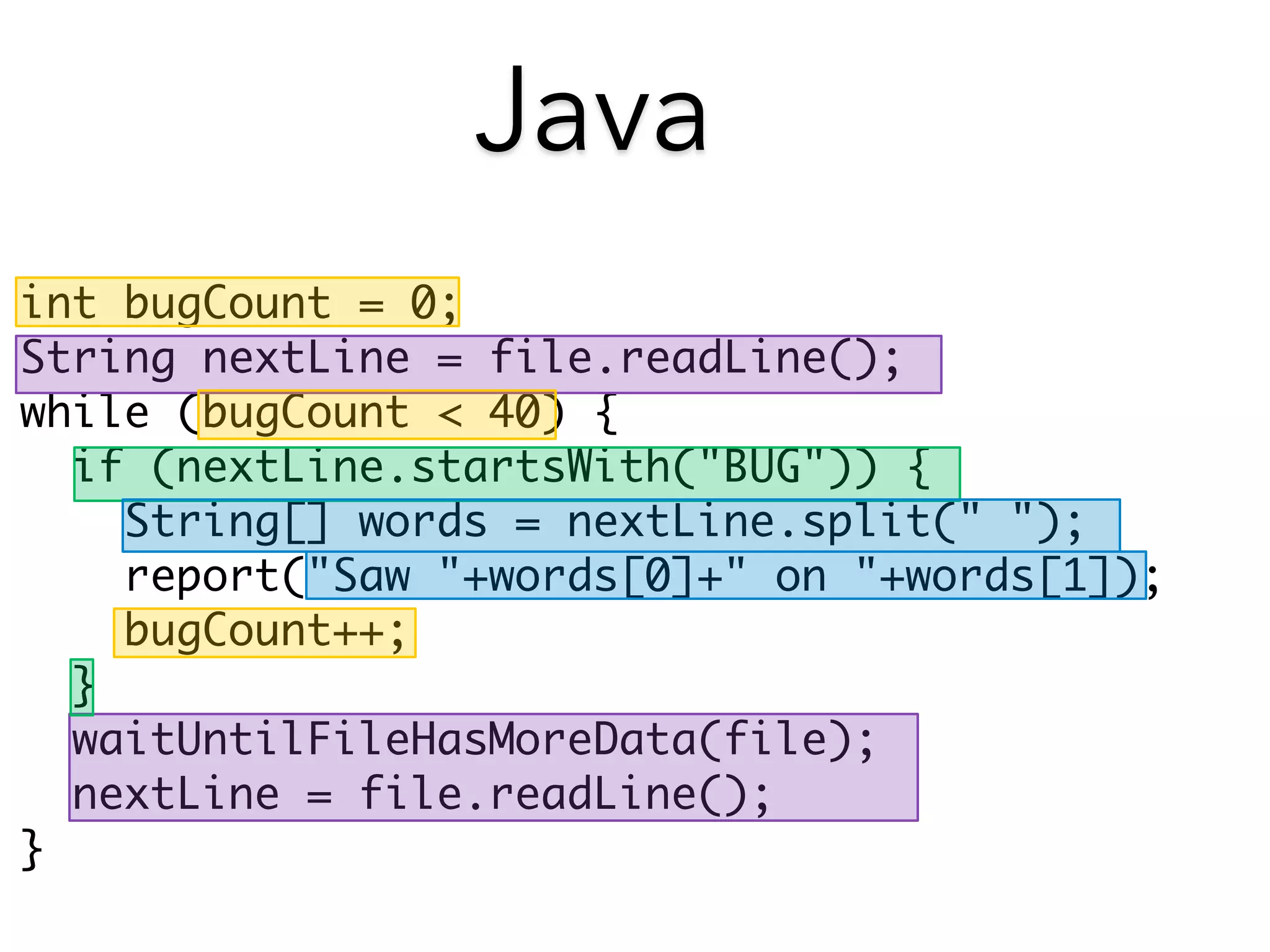 Java 
int bugCount = 0; 
String nextLine = file.readLine(); 
while (bugCount < 40) { 
if (nextLine.startsWith("BUG")) { 
String[] words = nextLine.split(" "); 
report("Saw "+words[0]+" on "+words[1]); 
bugCount++; 
} 
waitUntilFileHasMoreData(file); 
nextLine = file.readLine(); 
} 
 