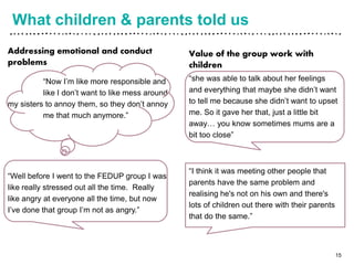 What children & parents told us
Addressing emotional and conduct
problems
“Now I’m like more responsible and
like I don’t want to like mess around
my sisters to annoy them, so they don’t annoy
me that much anymore.”
“Well before I went to the FEDUP group I was
like really stressed out all the time. Really
like angry at everyone all the time, but now
I’ve done that group I’m not as angry.”
Value of the group work with
children
“she was able to talk about her feelings
and everything that maybe she didn’t want
to tell me because she didn’t want to upset
me. So it gave her that, just a little bit
away… you know sometimes mums are a
bit too close”
“I think it was meeting other people that
parents have the same problem and
realising he's not on his own and there's
lots of children out there with their parents
that do the same.”
15
 