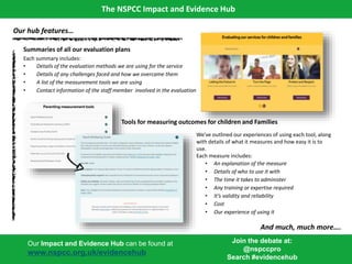 2121
Summaries of all our evaluation plans
Each summary includes:
• Details of the evaluation methods we are using for the service
• Details of any challenges faced and how we overcame them
• A list of the measurement tools we are using
• Contact information of the staff member involved in the evaluation
Tools for measuring outcomes for children and Families
We've outlined our experiences of using each tool, along
with details of what it measures and how easy it is to
use.
Each measure includes:
• An explanation of the measure
• Details of who to use it with
• The time it takes to administer
• Any training or expertise required
• It’s validity and reliability
• Cost
• Our experience of using it
And much, much more….
Our Impact and Evidence Hub can be found at
www.nspcc.org.uk/evidencehub
Join the debate at:
@nspccpro
Search #evidencehub
Our hub features…
The NSPCC Impact and Evidence Hub
 