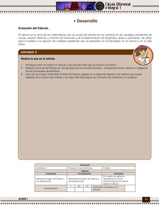 11BLOQUE 1
Desarrollo
Evolución del Cálculo.
El cálculo es la rama de las matemáticas que se ocupa del estudio de los cambios en las variables, pendientes de
curvas, valores máximos y mínimos de funciones y de la determinación de longitudes, áreas y volúmenes. Se utiliza
para el análisis y la solución de múltiples problemas que se presentan en la naturaleza, en la ciencia y en la vida
diaria.
Evaluación
Actividad: 2 Producto: Línea del tiempo. Puntaje:
Saberes
Conceptual Procedimental Actitudinal
Describe el origen del Cálculo y
sus aportaciones.
Representa el origen del Cálculo y
sus aportaciones.
Es creativo al realizar la
representación de los
acontecimientos que dieron
origen al Cálculo.
Autoevaluación
C MC NC Calificación otorgada por el
docente
Realiza lo que se te solicita.
1. Investiga cómo se originó el Cálculo y las aportaciones que se hicieron al mismo.
2. Realiza una línea del tiempo en donde plasmes los acontecimientos, incluyendo fechas, hechos e imágenes
de los principales aportadores.
3. Una vez que hayas elaborado la línea del tiempo, pégala en el siguiente espacio, de manera que quede
doblado en el interior del módulo y no haya dificultad alguna al momento de mostrarlo a tu profesor.
Actividad: 2
 