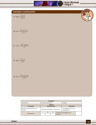 119BLOQUE 3
Evaluación
Actividad: 2 Producto: Ejercicios Puntaje:
Saberes
Conceptual Procedimental Actitudinal
Identifica la derivada de una
función.
Calcula la derivada de una función.
Es respetuoso con sus
compañeros.
Coevaluación
C MC NC Calificación otorgada por el
docente
19.
1x
2x
)x(g
2
3



20.
1x
5xx
)x(r
3
25



21.
3
2
x
1x5x2
)x(T


22.
2x
4x
)x(g
2



23.
5x
15x2x
)x(f
2



Actividad: 2 (continuación)
 