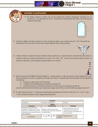 165BLOQUE 4
EvaluacEvaluacEvaluacEvaluaciónióniónión
Actividad: 6 Producto: Presentación. Puntaje:
SaberesSaberesSaberesSaberes
ConceptualConceptualConceptualConceptual ProcedimentalProcedimentalProcedimentalProcedimental ActitudinalActitudinalActitudinalActitudinal
Representa cada uno de los
problemas mediante una función.
Reconoce el criterio de la primera
derivada para dar solución óptima
a los problemas.
Aplica el criterio de la primera
derivada para solucionar problemas
de optimización.
Aprecia el cálculo como una
herramienta que favorece la
solución óptima de problemas de
la vida cotidiana.
Coevaluación
C MC NC Calificación otorgada por el
docente
12. Se desea construir el marco de una de ventana de aluminio rectangular coronada con un
semicírculo, cuyo perímetro es de 6 m. Encontrar las dimensiones del marco, de tal forma que
tenga la mayor área.
y
x
13. A Sonia le dejaron de tarea construir un cono circular de papel, cuyo volumen sea de 1 dm3
. Encuentra las
dimensiones del cono de tal manera que el papel utilizado sea lo menos posible.
r
h
14. A Marco Antonio le dejaron de tarea obtener la altura máxima de un objeto lanzado verticalmente hacia arriba; el
maestro le dijo que la altura está dada por la función 2
t16t96)t(h −= , donde la altura está medida en pies y el
tiempo en segundos. ¿Qué resultado presentó Marco en su tarea?
15. Karla es alumna del COBACH plantel Obregón 2, y desea realizar un viaje de estudio a Puerto Vallarta por cinco
días, para hacerlo, acudió a una agencia de viajes que ofrece un paquete para excursionistas con las siguientes
condiciones:
• El grupo no será menor de 30 personas.
• La tarifa es de $10,000 pesos por persona si asisten 30.
• La tarifa se reduce en 150.00 por persona si el número de excursionistas excede 30.
¿Qué número de alumnos tendrán que ir para que el pago sea mínimo y cuánto tendría que pagar cada uno?
16. El costo total de producir “x” piezas de computadoras está dado por la función ( ) 2
x01.0x520xC −+= para
x<504. ¿Cuál es el máximo costo marginal de producción?
Actividad: 6 (continuación)
 