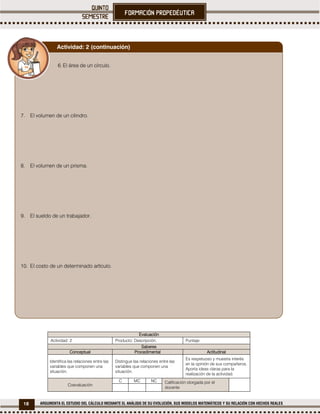 18 ARGUMENTA EL ESTUDIO DEL CÁLCULO MEDIANTE EL ANÁLISIS DE SU EVOLUCIÓN, SUS MODELOS MATEMÁTICOS Y SU RELACIÓN CON HECHOS REALES
Evaluación
Actividad: 2 Producto: Descripción. Puntaje:
Saberes
Conceptual Procedimental Actitudinal
Identifica las relaciones entre las
variables que componen una
situación.
Distingue las relaciones entre las
variables que componen una
situación.
Es respetuoso y muestra interés
en la opinión de sus compañeros.
Aporta ideas claras para la
realización de la actividad.
Coevaluación
C MC NC Calificación otorgada por el
docente
6. El área de un círculo.
7. El volumen de un cilindro.
8. El volumen de un prisma.
9. El sueldo de un trabajador.
10. El costo de un determinado artículo.
Actividad: 2 (continuación)
 