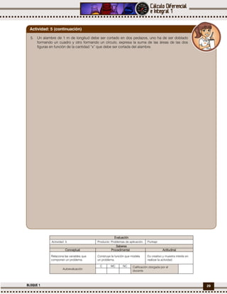 29BLOQUE 1
Evaluación
Actividad: 5 Producto: Problemas de aplicación. Puntaje:
Saberes
Conceptual Procedimental Actitudinal
Relaciona las variables que
componen un problema.
Construye la función que modela
un problema.
Es creativo y muestra interés en
realizar la actividad.
Autoevaluación
C MC NC Calificación otorgada por el
docente
5. Un alambre de 1 m de longitud debe ser cortado en dos pedazos, uno ha de ser doblado
formando un cuadro y otro formando un círculo, expresa la suma de las áreas de las dos
figuras en función de la cantidad “x” que debe ser cortada del alambre.
Actividad: 5 (continuación)
 