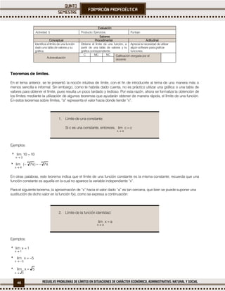 46 RESUELVE PROBLEMAS DE LÍMITES EN SITUACIONES DE CARÁCTER ECONÓMICO, ADMINISTRATIVO, NATURAL Y SOCIAL
Evaluación
Actividad: 5 Producto: Ejercicios. Puntaje:
Saberes
Conceptual Procedimental Actitudinal
Identifica el límite de una función
dado una tabla de valores y su
gráfica.
Obtiene el límite de una función, a
partir de una tabla de valores y la
gráfica correspondiente.
Aprecia la necesidad de utilizar
algún software para graficar
funciones.
Autoevaluación
C MC NC Calificación otorgada por el
docente
Teoremas de límites.
En el tema anterior, se te presentó la noción intuitiva de límite, con el fin de introducirte al tema de una manera más o
menos sencilla e informal. Sin embargo, como te habrás dado cuenta, no es práctico utilizar una gráfica o una tabla de
valores para obtener el límite, pues resulta un poco tardado y tedioso. Por esta razón, ahora se formaliza la obtención de
los límites mediante la utilización de algunos teoremas que ayudarán obtener de manera rápida, el límite de una función.
En estos teoremas sobre límites, “a” representa el valor hacia donde tiende “x”.
1. Límite de una constante:
Si c es una constante, entonces, cclim
ax


Ejemplos:
 1010lim
3x



44
4x
7)7(lim 

En otras palabras, este teorema indica que el límite de una función constante es la misma constante; recuerda que una
función constante es aquella en la cual no aparece la variable independiente “x”.
Para el siguiente teorema, la aproximación de “x” hacia el valor dado “a” es tan cercana, que bien se puede suponer una
sustitución de dicho valor en la función f(x), como se expresa a continuación:
2. Límite de la función identidad:
axlim
ax


Ejemplos:
 1xlim
1x


 5xlim
5x


 5xlim
5x


 