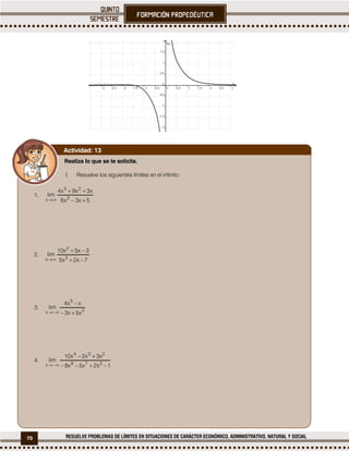 70 RESUELVE PROBLEMAS DE LÍMITES EN SITUACIONES DE CARÁCTER ECONÓMICO, ADMINISTRATIVO, NATURAL Y SOCIAL
 
Realiza lo que se te solicita.
I. Resuelve los siguientes límites en el infinito:
1.
2.
3.
4.
Actividad: 13
 