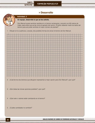 88 ANALIZA RAZONES DE CAMBIO EN FENÓMENOS NATURALES Y SOCIALES
Desarrollo
En equipo, desarrolla lo que se les solicita.
Don Manuel quiere sembrar sandías en un terreno rectangular y cercarlo con 80 metros de
malla, para evitar que se las coma el ganado del vecino. ¿Cuánto deberán medir los lados del
terreno para así poder sembrar el mayor número de plantas?
1. Dibujen en la cuadrícula, a escala, dos posibles formas de cercar el terreno de Don Manuel.
2. ¿Cuál de los dos terrenos que dibujaron representa la mejor opción para Don Manuel?, ¿por qué?
3. ¿Son éstas las únicas opciones posibles?, ¿por qué?
4. ¿Qué valor o valores están cambiando en el terreno?
5. ¿Cuáles cantidades no cambian?
Actividad: 2
 
