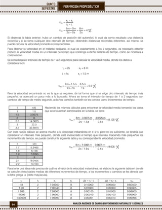 94 ANALIZA RAZONES DE CAMBIO EN FENÓMENOS NATURALES Y SOCIALES
s
m
m
if
if
m
4
s2
m8
s0s2
m0m8
v
tt
xx
v







Si observas la tabla anterior, hubo un cambio de posición del automóvil, lo cual da como resultado una distancia
recorrida y si se toma cualquier otro intervalo de tiempo, obtendrán distancias recorridas diferentes, así mismo, se
puede calcular la velocidad promedio correspondiente.
Para obtener la velocidad en el instante deseado, el cual es exactamente a los 2 segundos, es necesario obtener
primero la velocidad media en un intervalo de tiempo que contenga a dicho instante de tiempo, como se mostrará a
continuación.
Se considerará el intervalo de tiempo de 1 a 2 segundos para calcular la velocidad media, donde los datos a
considerar son:
s2tf  m8xf 
s1ti  m5.1xi 
s
m
m 5.6
s1
m5.6
s1s2
m5.1m8
v 



Pero la velocidad encontrada no es la que se requiere, de tal forma que si se elige otro intervalo de tiempo más
pequeño, se acercará un poco más a lo buscado. Ahora se toma el intervalo de tiempo de 1 a 2 segundos con
cambios de tiempo de medio segundo, a dichos cambios también se les conoce como incrementos de tiempo.
Haciendo los mismos cálculos para encontrar la velocidad media tomando los datos
que se encuentran sombreados en la tabla, se tiene:
s
m
m 125.8
s5.0
m0625.4
s5.1s2
m9375.3m8
v 



Con este nuevo cálculo se acerca mucho a la velocidad instantánea en t=2 s, pero no es suficiente, se tendría que
considerar un intervalo más pequeño, donde esté involucrado el tiempo que interesa. Haciendo más pequeños los
incrementos de tiempo, se puede construir la siguiente tabla y su correspondiente velocidad promedio.
s
m
m 605.9
s1.0
m9605.0
s9.1s2
m0395.7m8
v 



Para tener una idea más precisa de cuál es el valor de la velocidad instantánea, se elabora la siguiente tabla en donde
se calculan velocidades medias de diferentes incrementos de tiempo, a los incrementos o cambios se les denota con
la letra griega  (delta mayúscula).
t x(t)
1 1.5
1.5 3.9375
2 8
2.5 14.0625
3 22.5
3.5 33.6875
t x(t)
1.7 5.3465
1.8 6.156
1.9 7.0395
2 8
2.1 9.0405
2.2 10.164
ti tf xi xf ∆t = tf - ti ∆x =xf - xi vm
1.9 2 7.03950 8 0.10000 0.96050 9.60500
1.99 2 7.90040 8 0.01000 0.09960 9.96005
1.999 2 7.99000 8 0.00100 0.01000 9.99600
1.9999 2 7.99900 8 0.00010 0.00100 9.99960
1.99999 2 7.99990 8 0.00001 0.00010 9.99996
 
