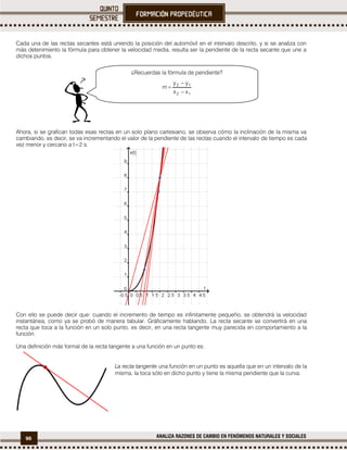 96 ANALIZA RAZONES DE CAMBIO EN FENÓMENOS NATURALES Y SOCIALES
Cada una de las rectas secantes está uniendo la posición del automóvil en el intervalo descrito, y si se analiza con
más detenimiento la fórmula para obtener la velocidad media, resulta ser la pendiente de la recta secante que une a
dichos puntos.
Ahora, si se grafican todas esas rectas en un solo plano cartesiano, se observa cómo la inclinación de la misma va
cambiando, es decir, se va incrementando el valor de la pendiente de las rectas cuando el intervalo de tiempo es cada
vez menor y cercano a t=2 s.
Con ello se puede decir que: cuando el incremento de tiempo es infinitamente pequeño, se obtendrá la velocidad
instantánea, como ya se probó de manera tabular. Gráficamente hablando, La recta secante se convertirá en una
recta que toca a la función en un solo punto, es decir, en una recta tangente muy parecida en comportamiento a la
función.
Una definición más formal de la recta tangente a una función en un punto es:
La recta tangente una función en un punto es aquella que en un intervalo de la
misma, la toca sólo en dicho punto y tiene la misma pendiente que la curva.
¿Recuerdas la fórmula de pendiente?
12
12
xx
yy
m



 