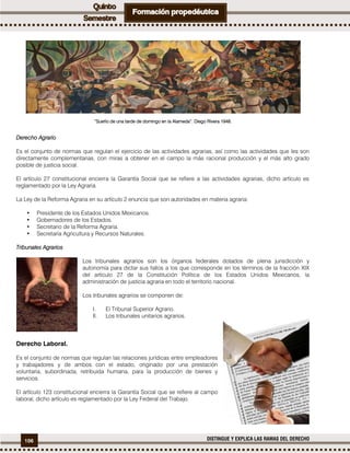 106 DISTINGUE Y EXPLICA LAS RAMAS DEL DERECHO
Derecho Agrario
Es el conjunto de normas que regulan el ejercicio de las actividades agrarias, así como las actividades que les son
directamente complementarias, con miras a obtener en el campo la más racional producción y el más alto grado
posible de justicia social.
El artículo 27 constitucional encierra la Garantía Social que se refiere a las actividades agrarias, dicho artículo es
reglamentado por la Ley Agraria.
La Ley de la Reforma Agraria en su artículo 2 enuncia que son autoridades en materia agraria:
• Presidente de los Estados Unidos Mexicanos.
• Gobernadores de los Estados.
• Secretario de la Reforma Agraria.
• Secretaría Agricultura y Recursos Naturales.
Tribunales Agrarios
Los tribunales agrarios son los órganos federales dotados de plena jurisdicción y
autonomía para dictar sus fallos a los que corresponde en los términos de la fracción XIX
del artículo 27 de la Constitución Política de los Estados Unidos Mexicanos, la
administración de justicia agraria en todo el territorio nacional.
Los tribunales agrarios se componen de:
I. El Tribunal Superior Agrario.
II. Los tribunales unitarios agrarios.
Derecho Laboral.
Es el conjunto de normas que regulan las relaciones jurídicas entre empleadores
y trabajadores y de ambos con el estado, originado por una prestación
voluntaria, subordinada, retribuida humana, para la producción de bienes y
servicios.
El artículo 123 constitucional encierra la Garantía Social que se refiere al campo
laboral, dicho artículo es reglamentado por la Ley Federal del Trabajo.
“Sueño de una tarde de domingo en la Alameda”. Diego Rivera 1948.
 