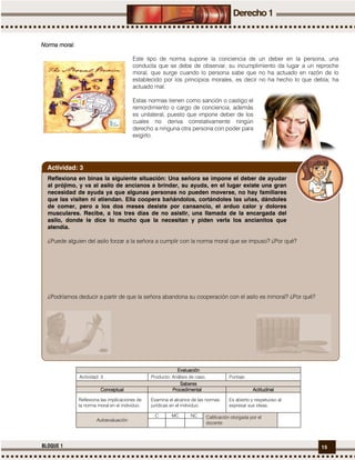 15BLOQUE 1
NNNNorma moral.orma moral.orma moral.orma moral.
Este tipo de norma supone la conciencia de un deber en la persona, una
conducta que se debe de observar, su incumplimiento da lugar a un reproche
moral, que surge cuando lo persona sabe que no ha actuado en razón de lo
establecido por los principios morales, es decir no ha hecho lo que debía; ha
actuado mal.
Estas normas tienen como sanción o castigo el
remordimiento o cargo de conciencia, además
es unilateral, puesto que impone deber de los
cuales no deriva correlativamente ningún
derecho a ninguna otra persona con poder para
exigirlo.
EvaluaciónEvaluaciónEvaluaciónEvaluación
Actividad: 3 Producto: Análisis de caso. Puntaje:
SaberesSaberesSaberesSaberes
ConceptualConceptualConceptualConceptual ProcedimentalProcedimentalProcedimentalProcedimental ActitudinalActitudinalActitudinalActitudinal
Reflexiona las implicaciones de
la norma moral en el individuo.
Examina el alcance de las normas
jurídicas en el individuo.
Es abierto y respetuoso al
expresar sus ideas.
Autoevaluación
C MC NC Calificación otorgada por el
docente
Reflexiona en binas la siguiente situación: Una señora se impone el deber de ayudar
al prójimo, y va al asilo de ancianos a brindar, su ayuda, en el lugar existe una gran
necesidad de ayuda ya que algunas personas no pueden moverse, no hay familiares
que las visiten ni atiendan. Ella coopera bañándolos, cortándoles las uñas, dándoles
de comer, pero a los dos meses desiste por cansancio, el arduo calor y dolores
musculares. Recibe, a los tres días de no asistir, una llamada de la encargada del
asilo, donde le dice lo mucho que la necesitan y piden verla los ancianitos que
atendía.
¿Puede alguien del asilo forzar a la señora a cumplir con la norma moral que se impuso? ¿Por qué?
¿Podríamos deducir a partir de que la señora abandona su cooperación con el asilo es inmoral? ¿Por qué?
Actividad: 3
 