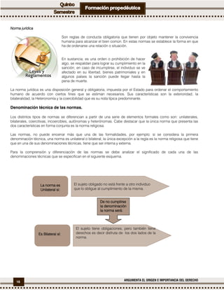 16 ARGUMENTA EL ORIGEN E IMPORTANCIA DEL DERECHO
NNNNorma jurídicaorma jurídicaorma jurídicaorma jurídica
Son reglas de conducta obligatoria que tienen por objeto mantener la convivencia
humana para alcanzar el bien común. En estas normas se establece la forma en que
ha de ordenarse una relación o situación.
En sustancia; es una orden o prohibición de hacer
algo, se respaldan para lograr su cumplimiento en la
sanción; en caso de incumplirse, el individuo se ve
afectado en su libertad, bienes patrimoniales y en
algunos países la sanción puede llegar hasta la
pena de muerte.
La norma jurídica es una disposición general y obligatoria, impuesta por el Estado para ordenar el comportamiento
humano de acuerdo con ciertos fines que se estiman necesarios. Sus características son la exterioridad, la
bilateralidad, la Heteronomía y la coercibilidad que es su nota típica predominante.
Denominación técnica de las normas.
Los distintos tipos de normas se diferencian a partir de una serie de elementos formales como son: unilaterales,
bilaterales, coercitivas, incoercibles, autónomas y heterónomas. Cabe destacar que la única norma que presenta las
dos características en forma conjunta es la norma religiosa.
Las normas, no puede encerrar más que una de las formalidades, por ejemplo: si se considera la primera
denominación técnica, una norma es unilateral o bilateral; la única excepción a la regla es la norma religiosa que tiene
que en una de sus denominaciones técnicas, tiene que ser interna y externa.
Para la comprensión y diferenciación de las normas se debe analizar el significado de cada una de las
denominaciones técnicas que se especifican en el siguiente esquema.
La norma esLa norma esLa norma esLa norma es
Unilateral si:Unilateral si:Unilateral si:Unilateral si:
El sujeto obligado no está frente a otro individuo
que lo obligue al cumplimiento de la misma.
Es Bilateral sí:Es Bilateral sí:Es Bilateral sí:Es Bilateral sí:
El sujeto tiene obligaciones, pero también tiene
derechos es decir disfruta de los dos lados de la
norma.
De no cumplirseDe no cumplirseDe no cumplirseDe no cumplirse
lllla denominacióna denominacióna denominacióna denominación
la norma será:la norma será:la norma será:la norma será:
 